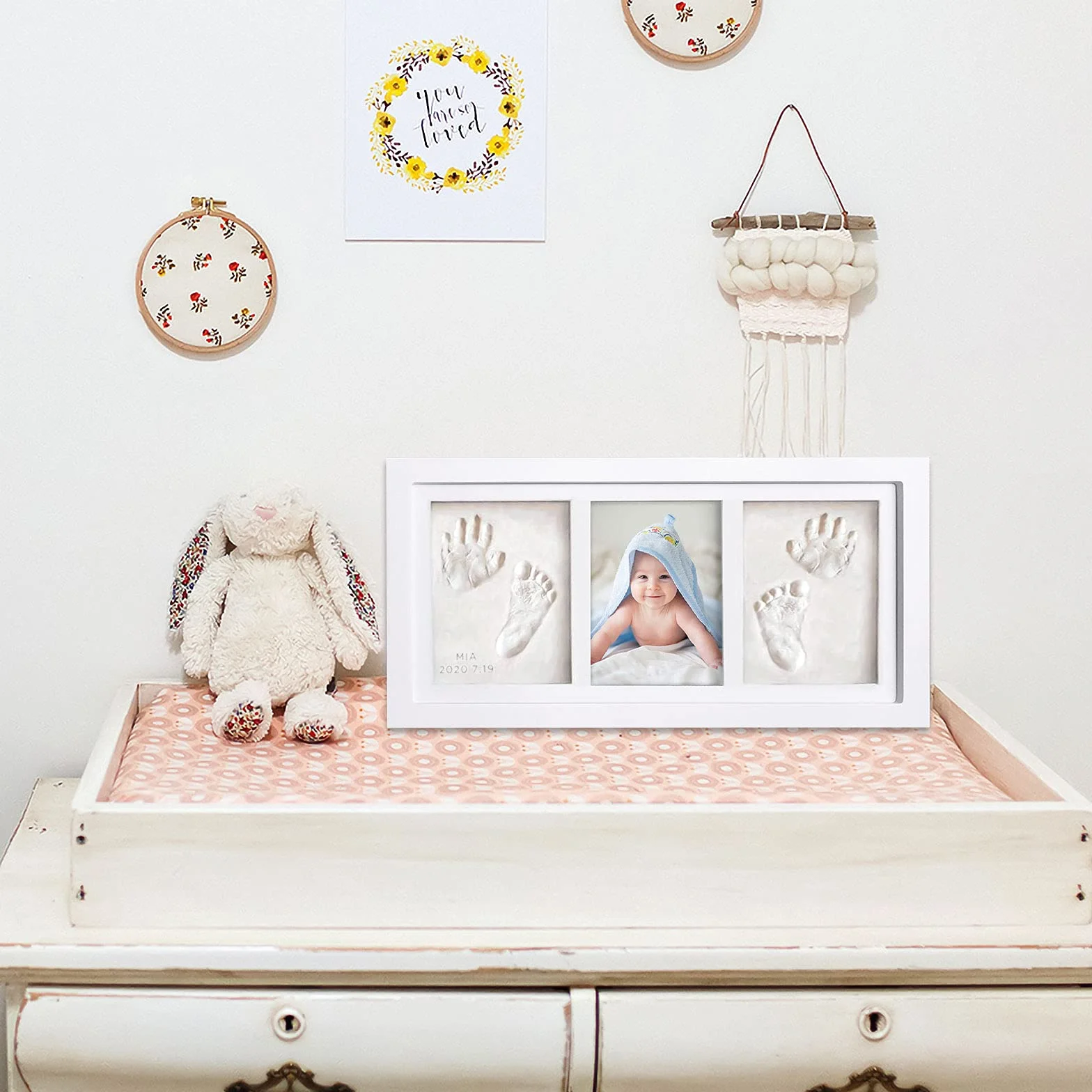 Cadre Photo pour Bébé avec Kit Empreintes Mains et Pieds, Argile et Sceau