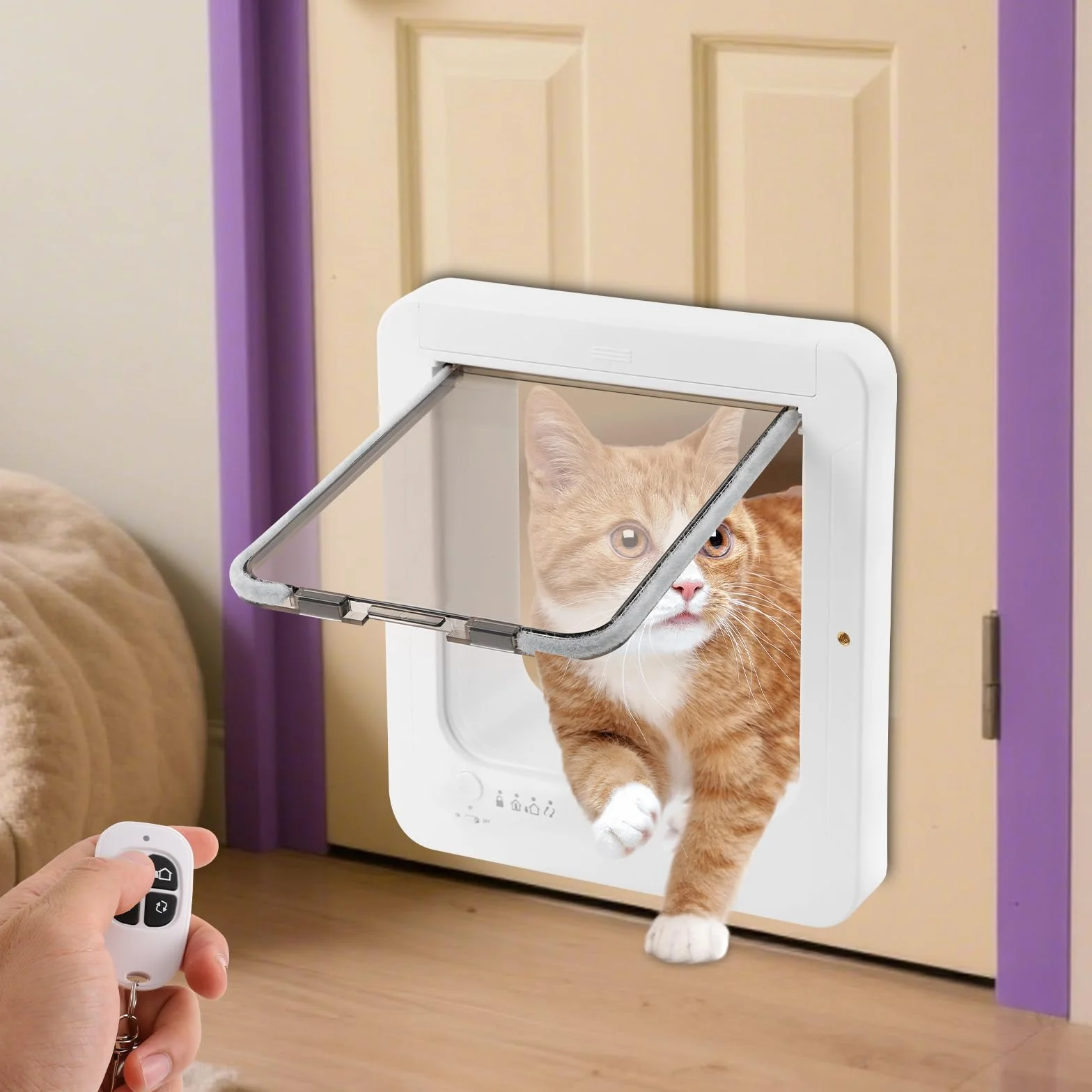 Chatière à micropuce RFID 4 voies pour porte avec télécommande pour chats et petits chiens (blanc)