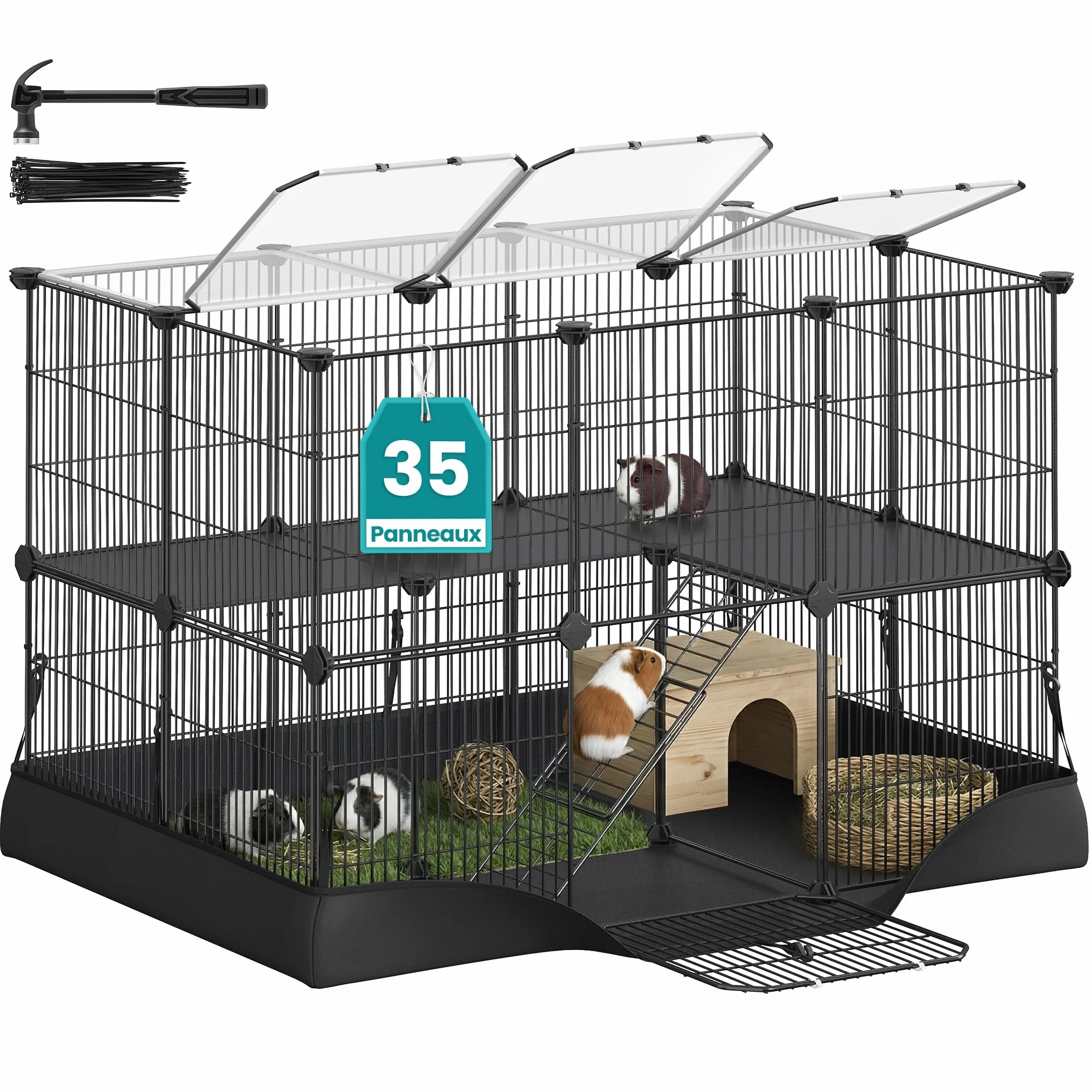 SONGMICS Enclos pour Petits Animaux 2 Niveaux 35 Panneaux 93x63x61,5 cm Noir d'encre