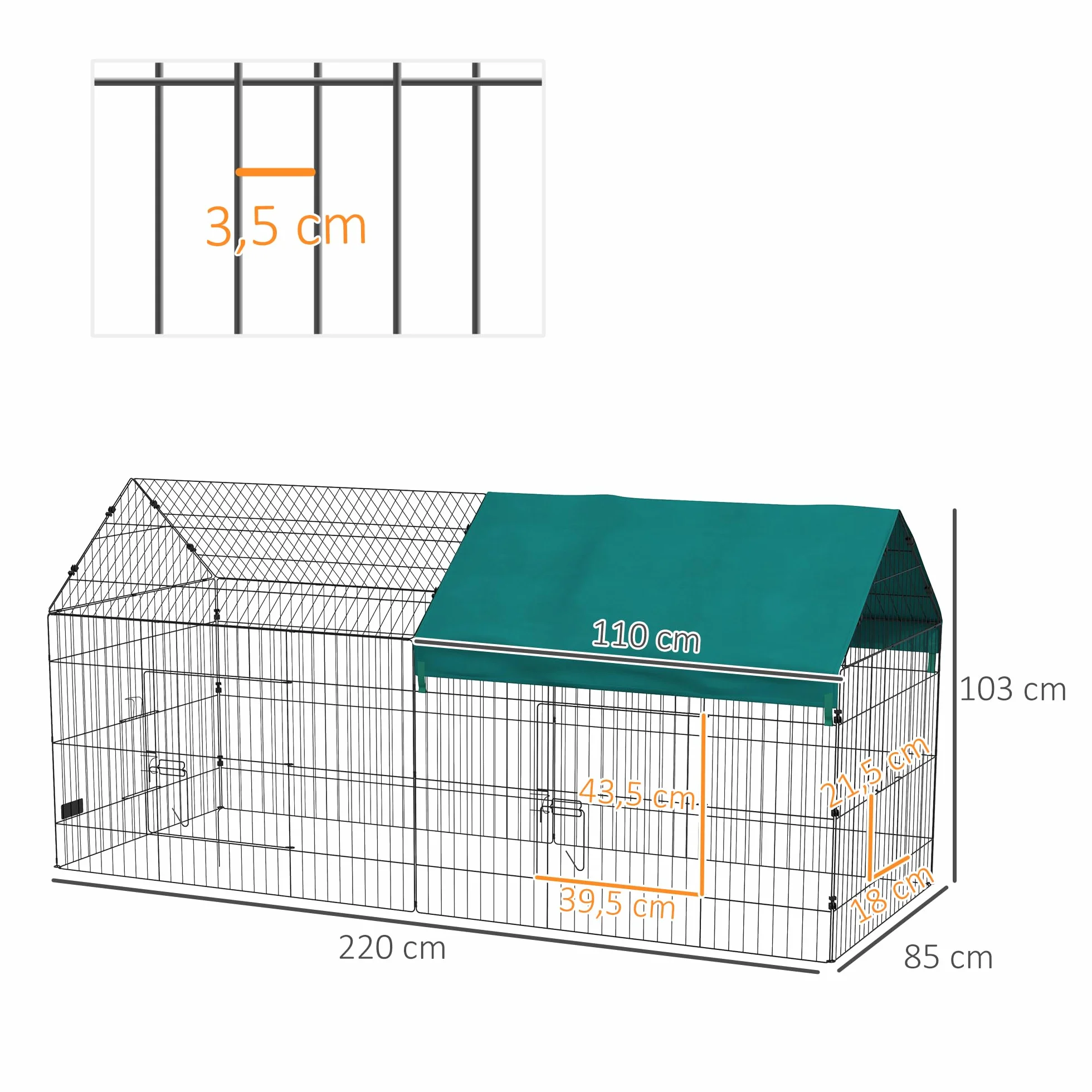 PawHut Parc enclos Cage Lapin extérieur 220 x 85 x 103 cm Acier 2 Portes verrouillables Protection Pare-Soleil Toit Vert