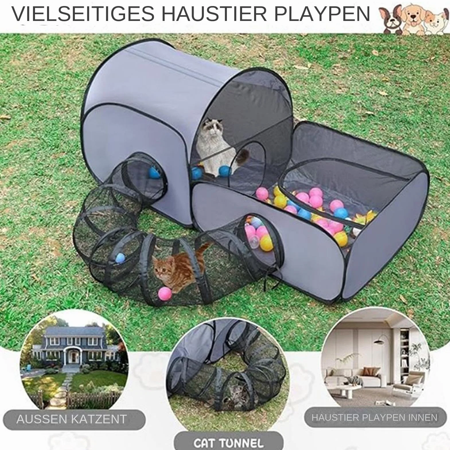 Enclos de jeu pliable pour chat avec tunnel, parc d'extérieur maille respirante