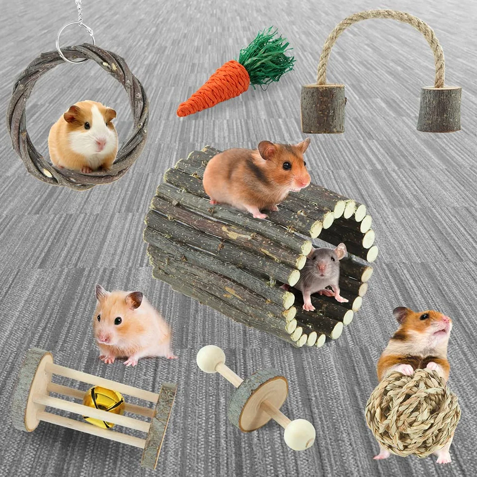 Jouets à mâcher pour Hamster en Bois de Pomme, Échelle, Cloche, Rouleau pour Petits Animaux