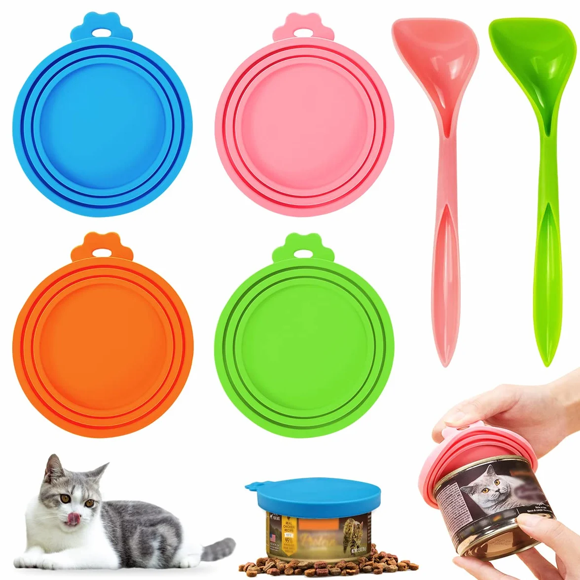 4 Pièces Couvercles Silicone de Conserve, Universels en Silicone Couvercles de Boîtes pour Aliments pour Chats et Chiens 3 en 1 Couvercle Boite Conserve Chat avec 2 Cuillères