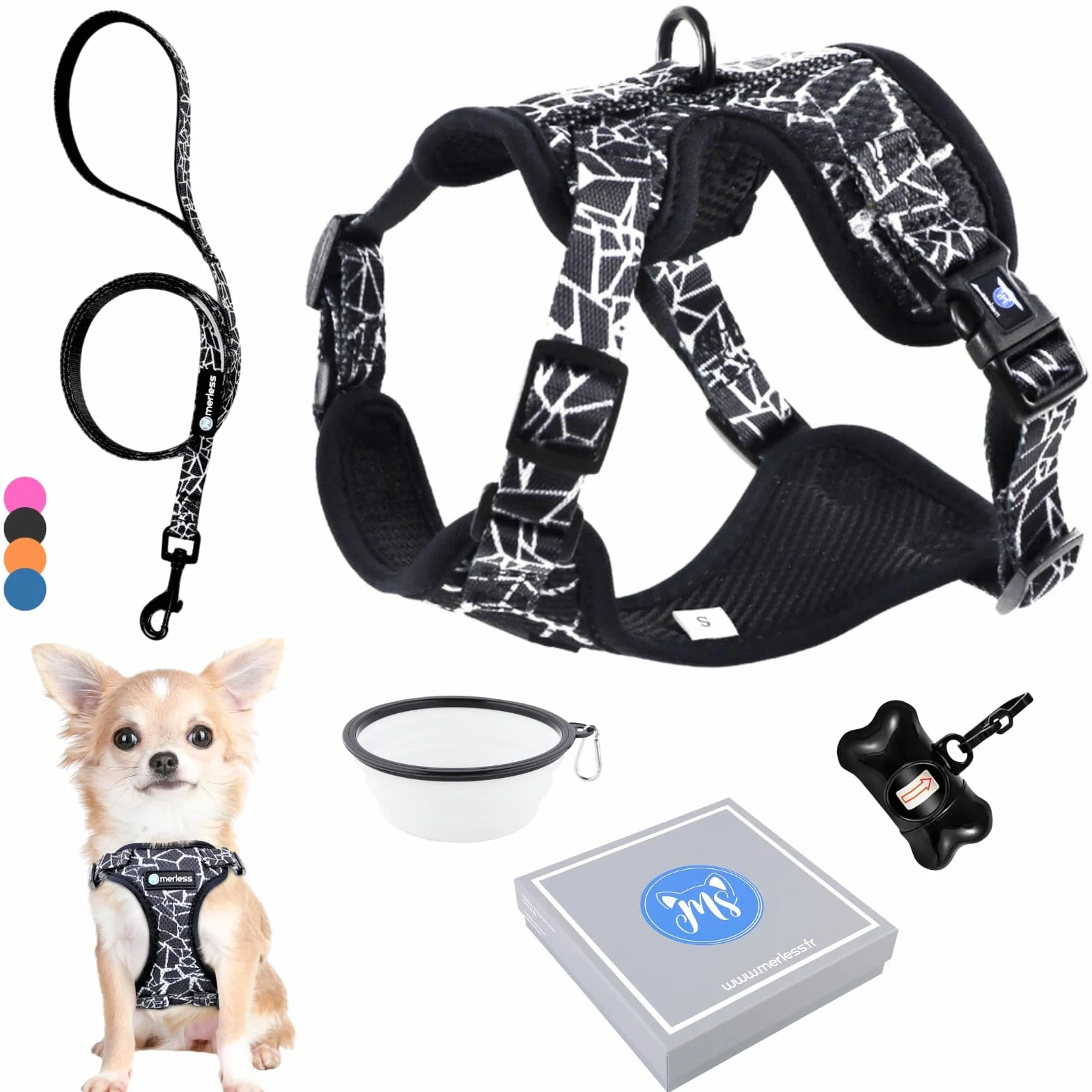 Harnais et Laisse pour Chien Chiot Chat Arnet Anti Traction XS Noir 1,2-3kg Coffret Cadeau