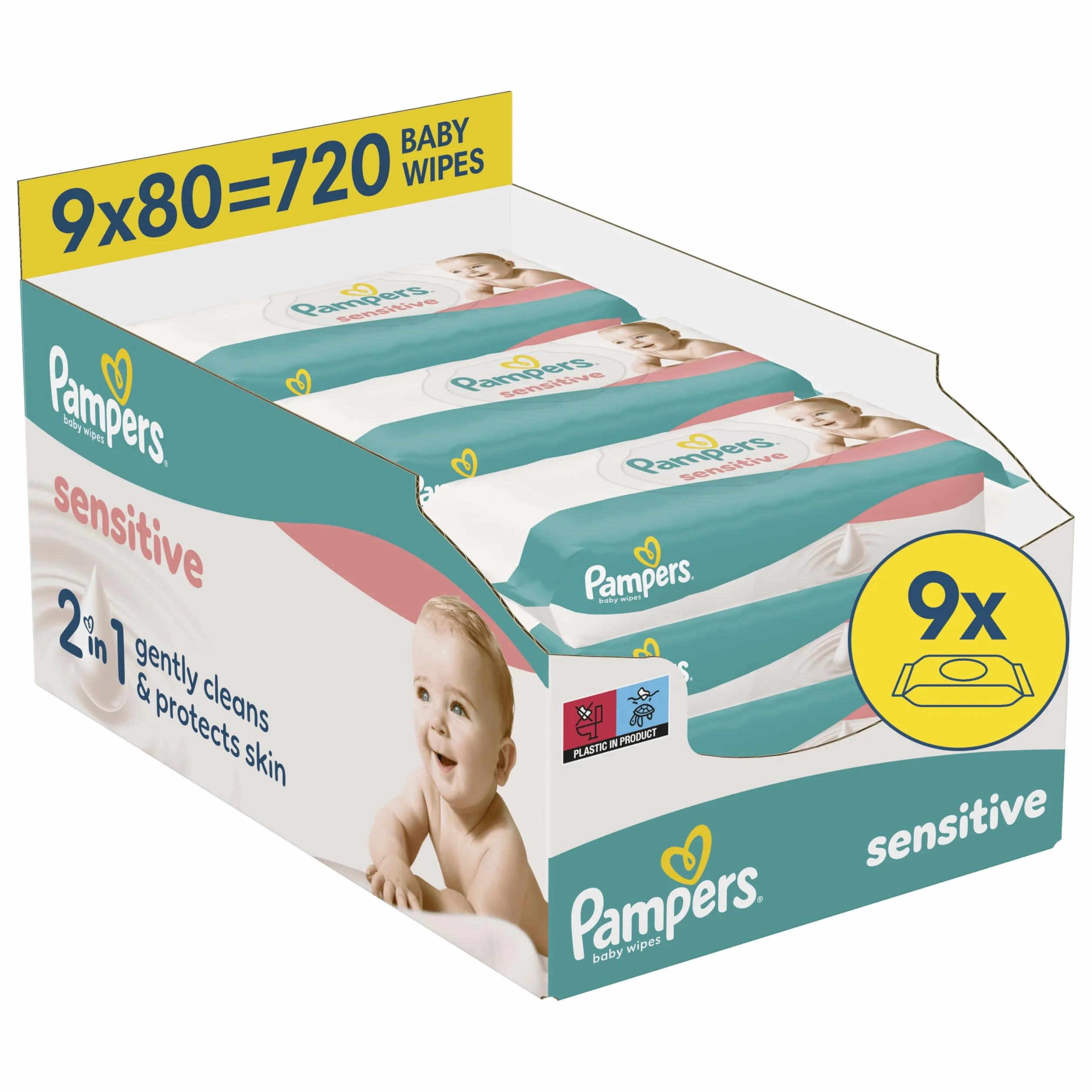 Pampers Sensitive Lingettes Pour Bébé 9 Paquets 720 Lingettes 2 En 1 Nettoie Protège Peau