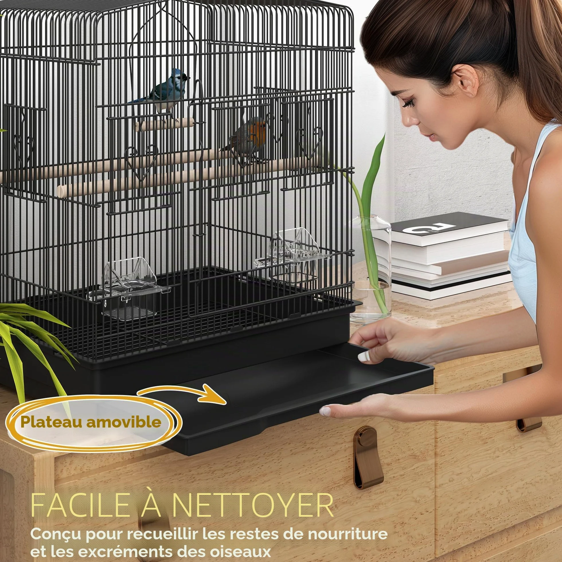 PawHut Cage à Oiseaux avec perchoirs pour Petit Oiseau 46,5x36x59 cm Noir | Gamelles, Balançoire, Cage à perroquet pour Budgie, Perruche