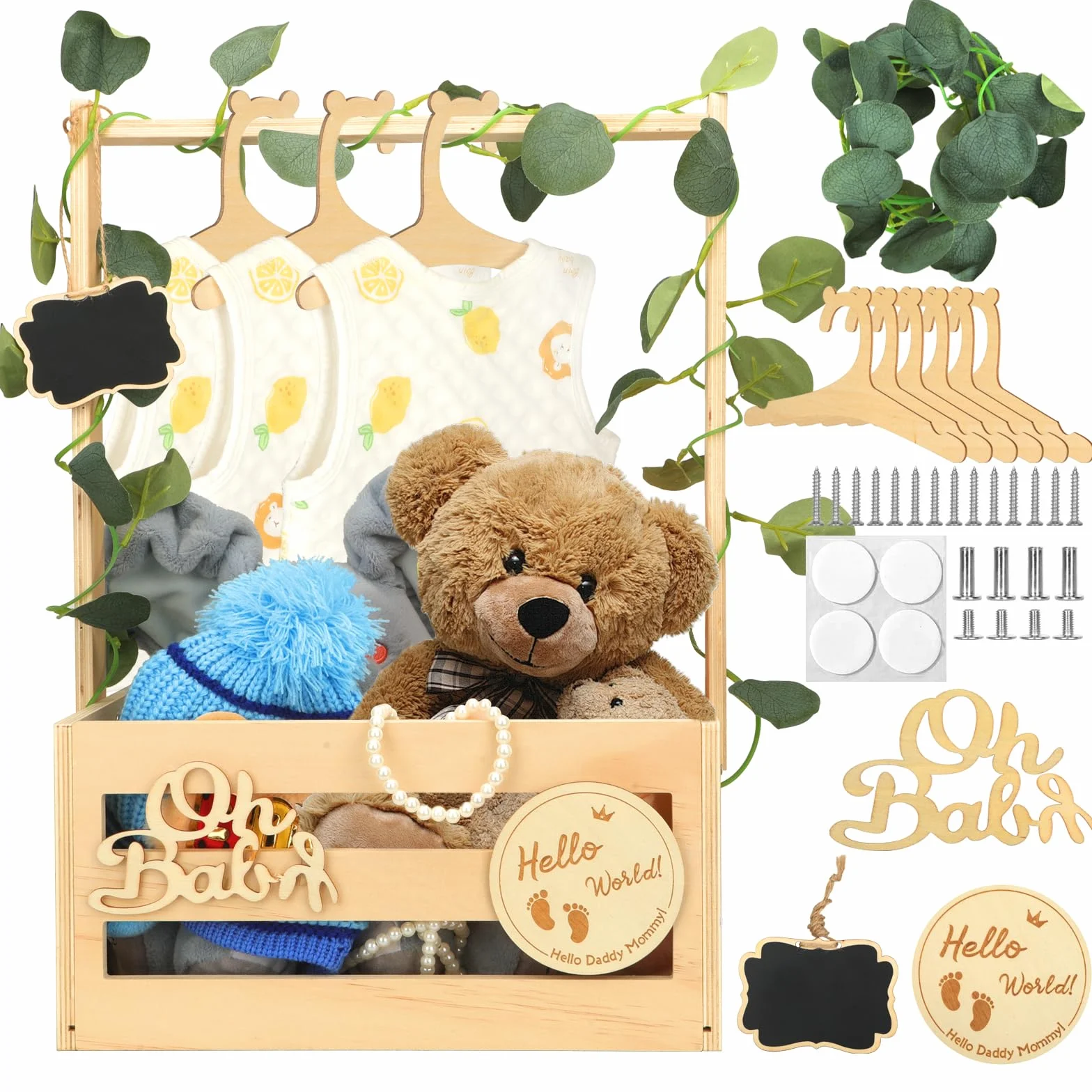 Panier Cadeau En Bois avec Poignée, Rangement Bébé 6 Cintres, Caisse en Bois Baby Shower
