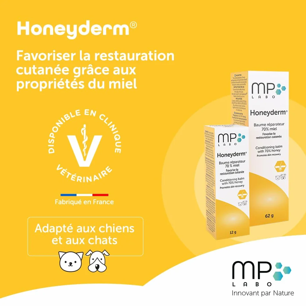 MP Labo Honeyderm Baume Réparateur 62g 70% Miel Chien Chat Acide Hyaluronique Vitamines A E Beurre Karité Aloe Vera Huile Lavande