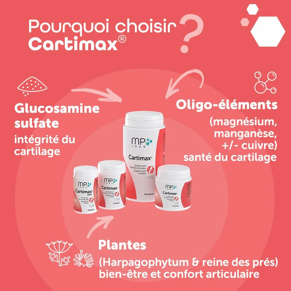 MP Labo Cartimax Soutien Fonction Articulaire Chien Chat Glucosamine Harpagophytum Reine des Prés Bambou Oligo-éléments 50 Gélules