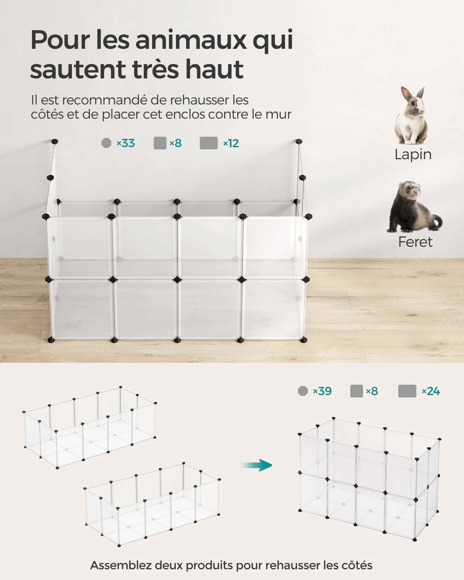 SONGMICS Parc Enclos pour Petits Animaux 140 x 70 x 45 cm Blanc LPC02W