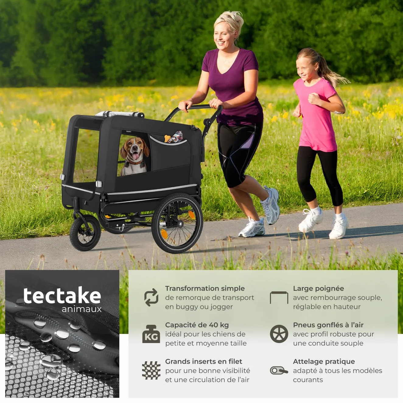 tectake Remorque Velo Chien 3 en 1 Pliable avec Reflecteurs, Drapeau, Charge Maximale 40 kg