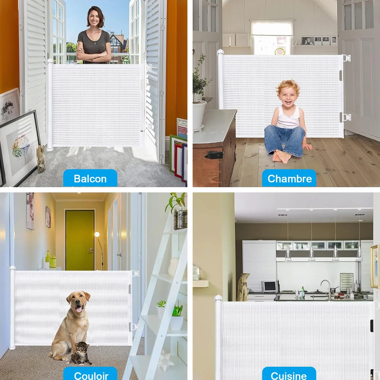 Barrière de Sécurité Rétractable pour Bébé et Animaux, 0-150cm, Escaliers, Couloirs, Portes