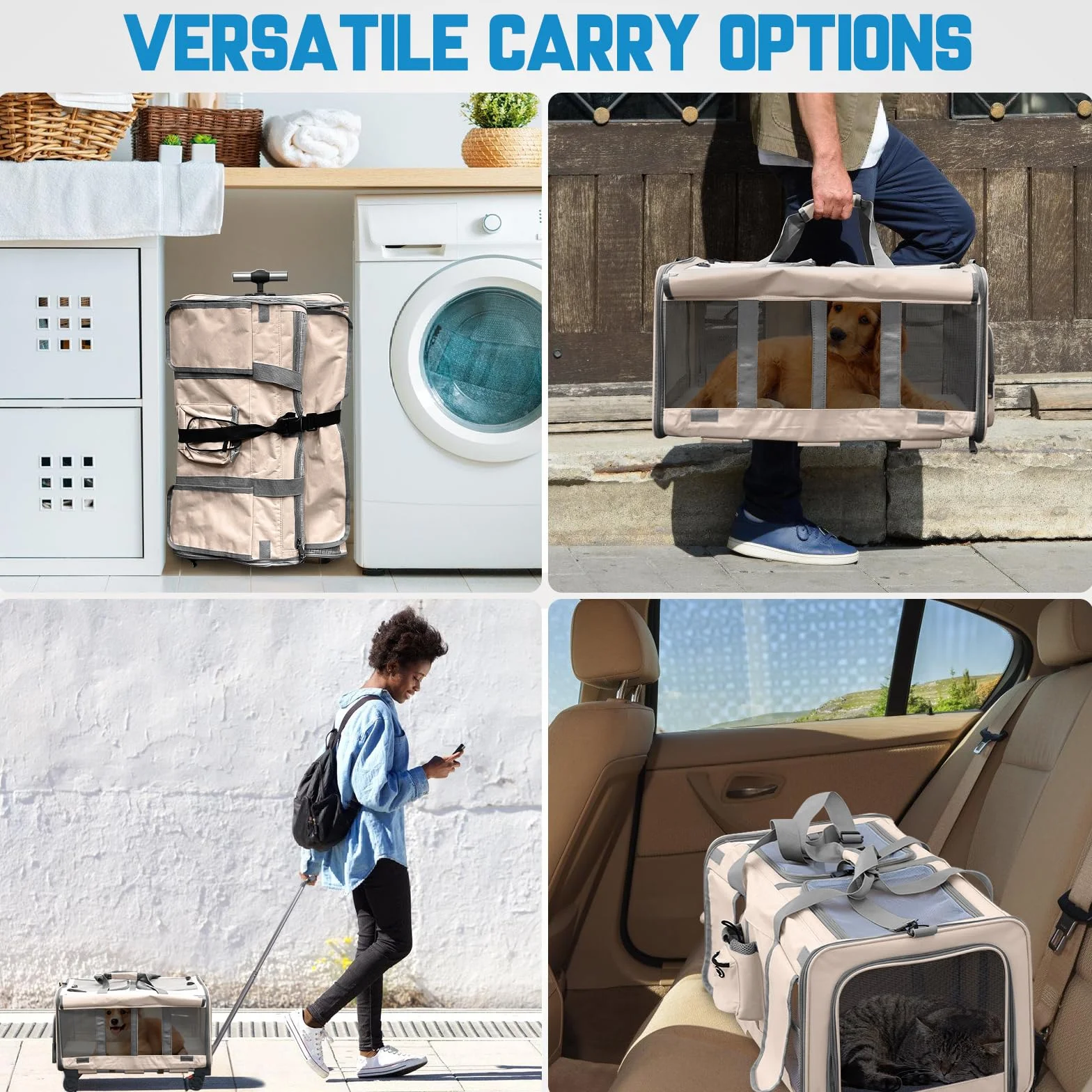 Grand sac de transport pour chats pliable sur roues 2-en-1 avec baguette magique