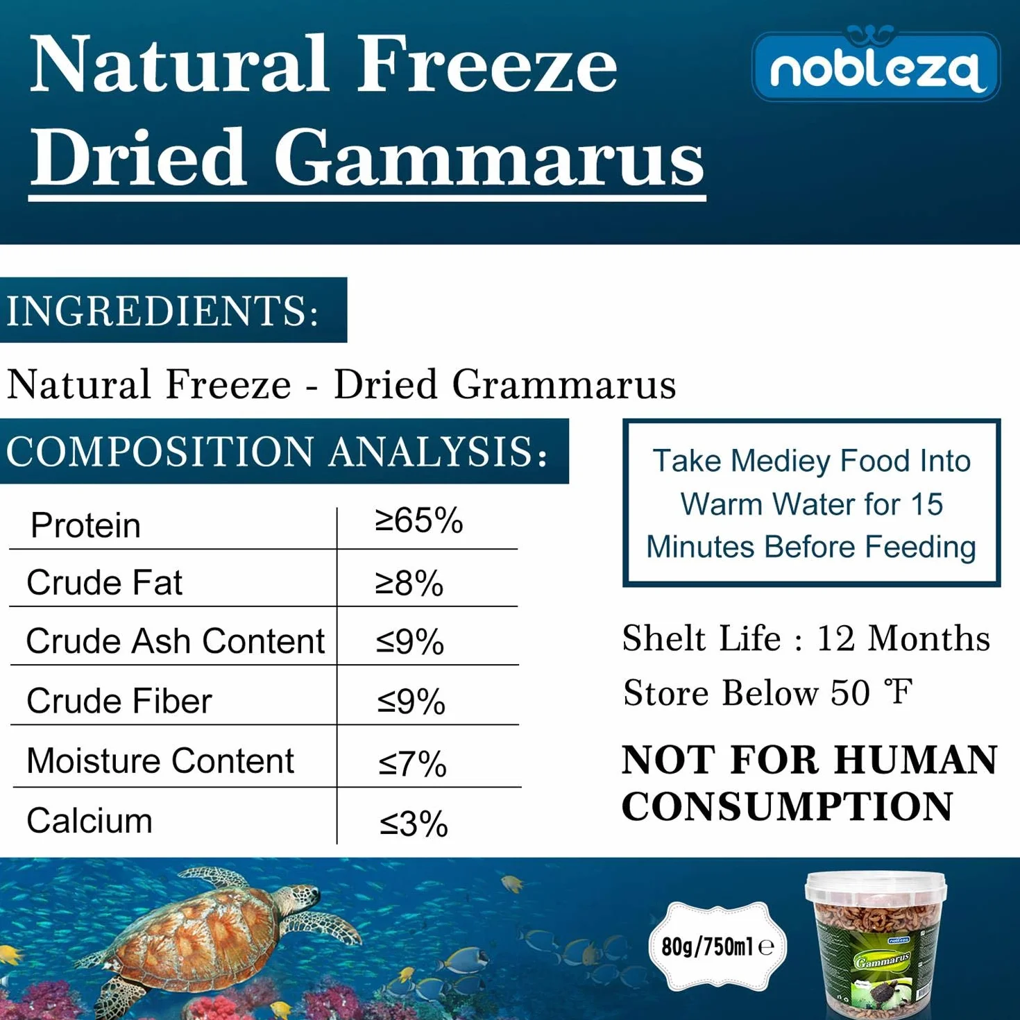Nobleza Crevettes Tortue, Nourriture Tortue d'eau Crevettes Rivière Naturelles 80g 750ml