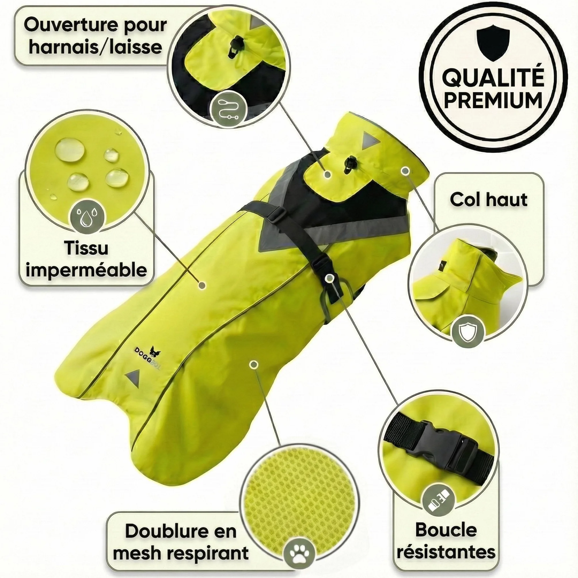 DOGOPAL Imperméable Chien - Manteau Imperméable Léger avec Surface Réfléchissante et Ouverture Harnais - Jaune, M
