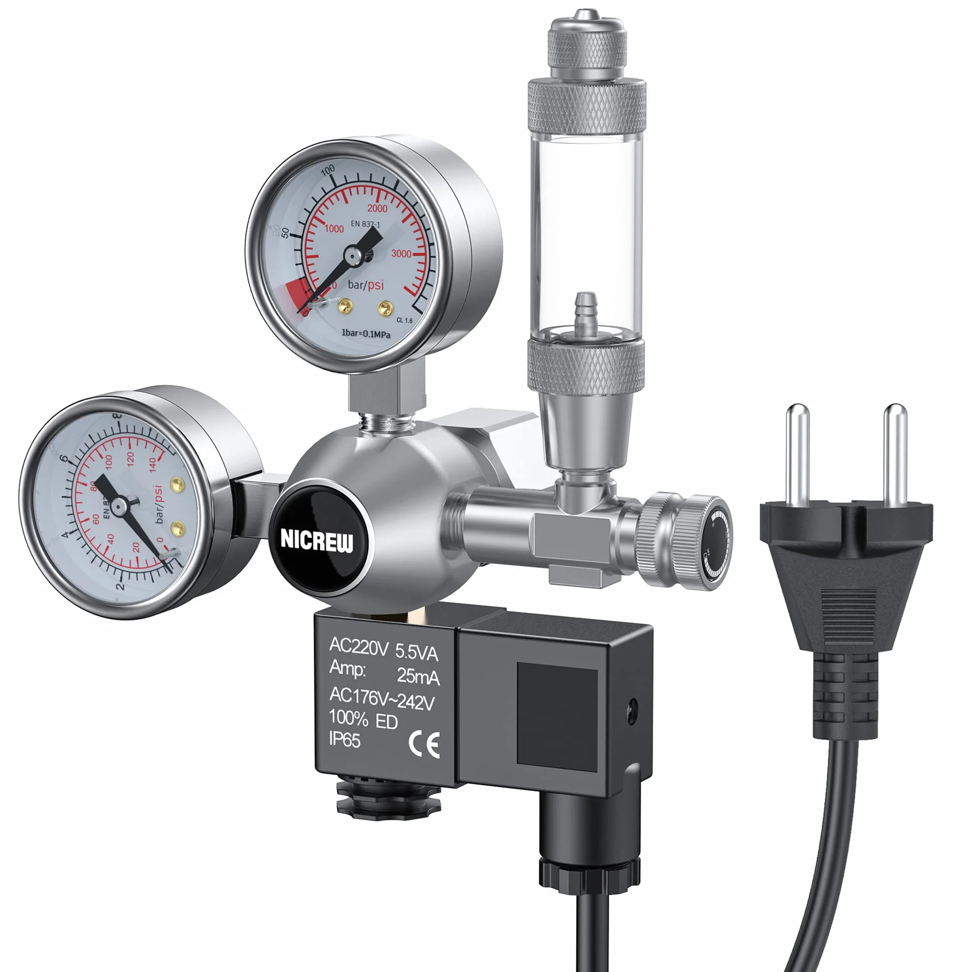 NICREW Régulateur de CO2 Aquarium Double Manomètres Électrovanne W21,8