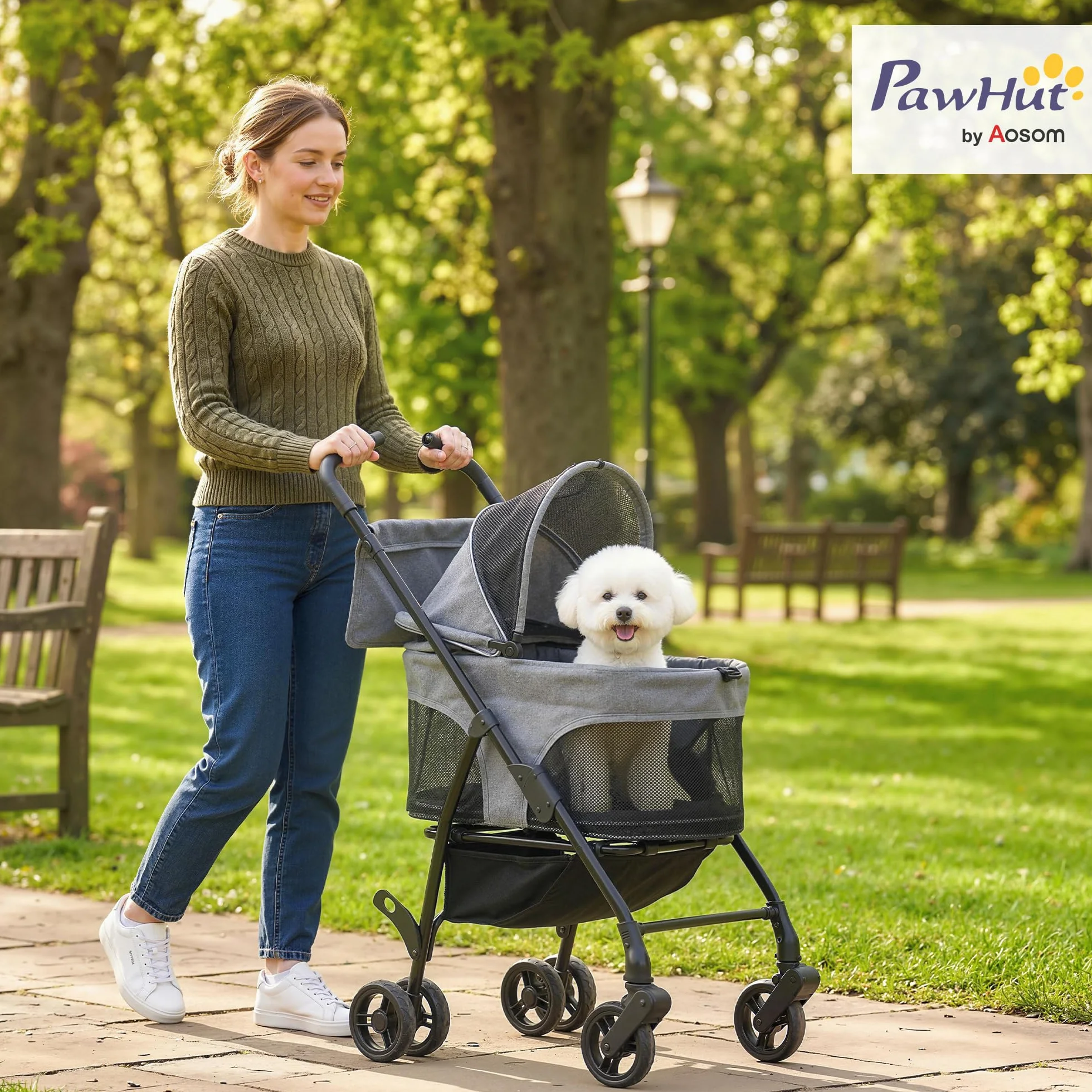 PawHut Poussette pour Chien 3 en 1 Détachable - Pousse-Chien Pliable avec Nacelle Amovible et Sans Fermeture Éclair - Suspension Tout-Terrain pour Petits Chiens et Chat de 10kg, Gris