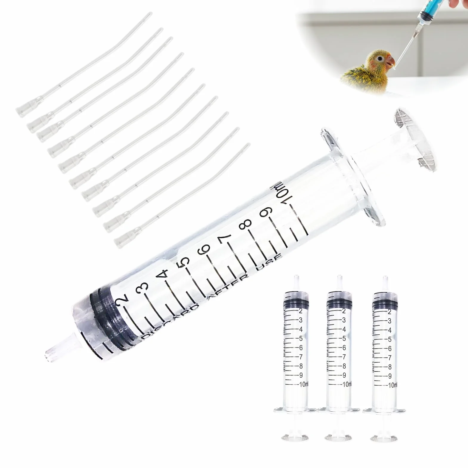 Kit Sondes d'Alimentation pour Oisillons 4 Seringues 10ml Sans Aiguille 10 Tubes Souples 8cm Diamètre 2mm