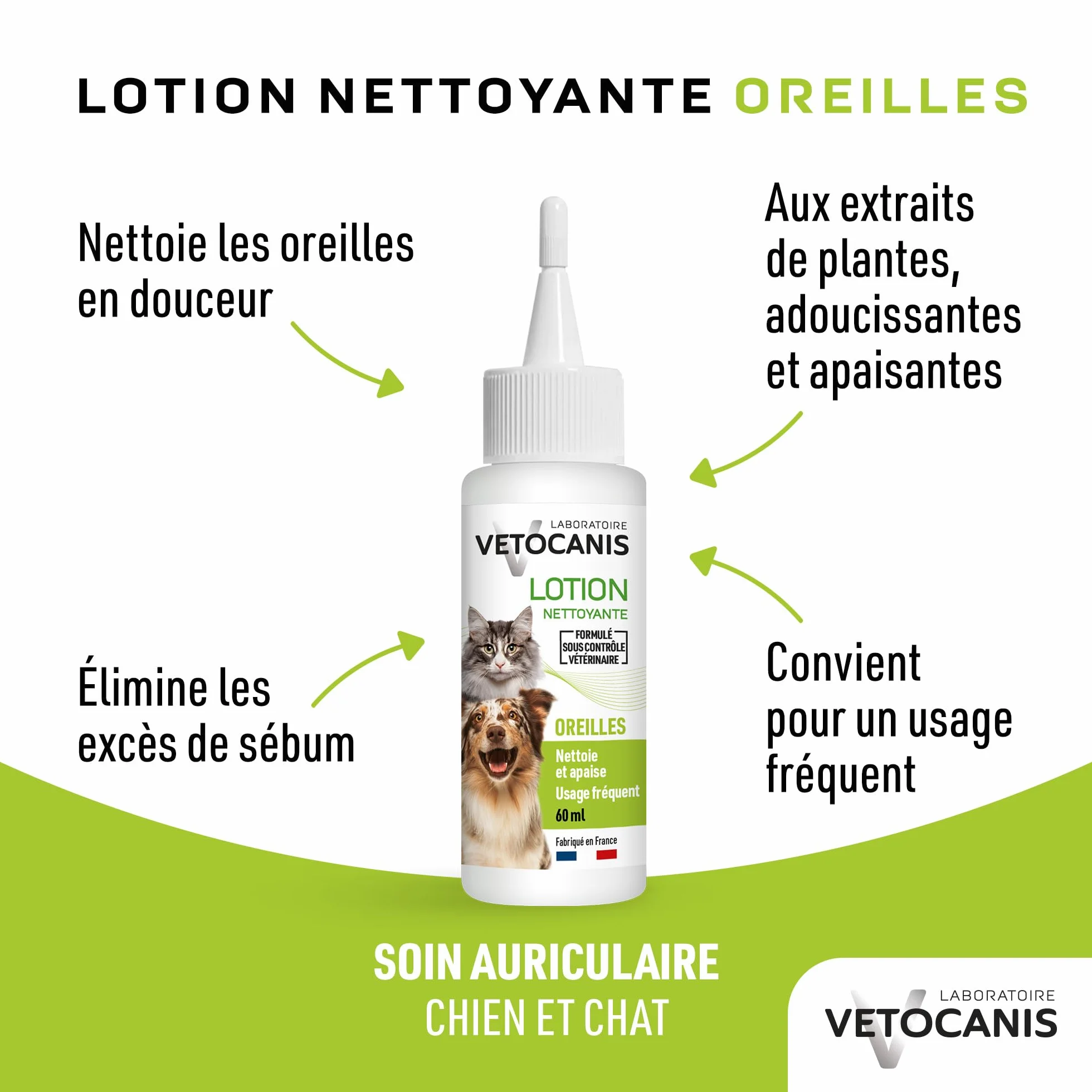 Vetocanis Nettoyant Oreilles Chien Chat Lotion Extraits Plantes 60 ml