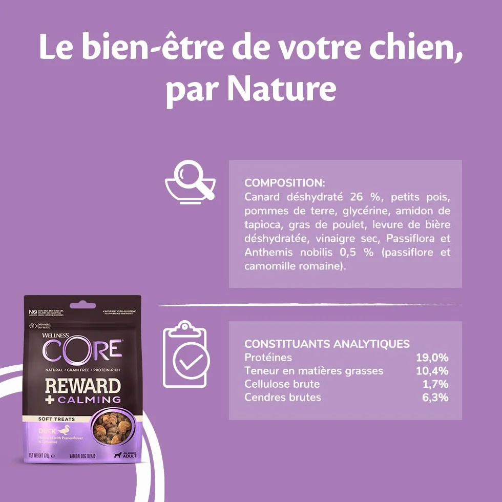 Wellness CORE Reward+ Calmant 170g Canard Camomille Friandises pour Chiens sans Céréales Hypoallergénique Riche en protéines