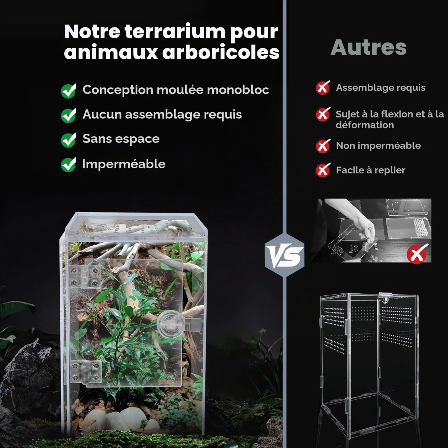 Terrarium Acrylique 23x15x15CM Rectangle 360° Ventilation Croisée Etanche pour Reptiles Araignée Escargots
