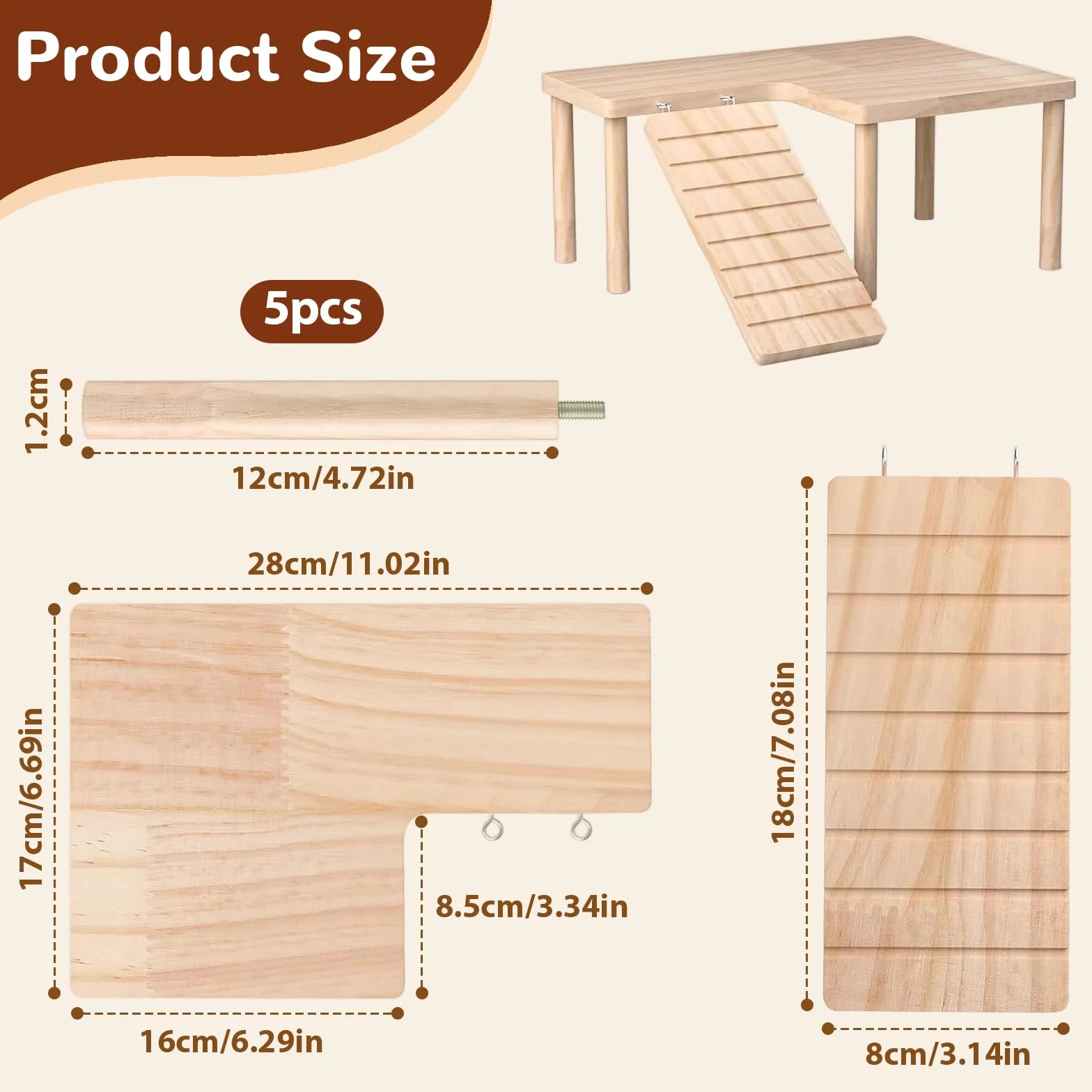 Plateforme en Bois pour Hamster avec Pont Echelle d'Escalade Jouet Cage 28x17x13,5 cm