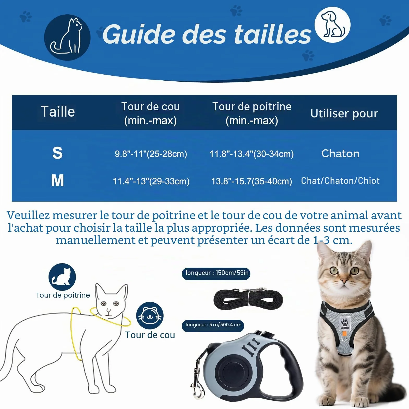 Harnais Chien Anti évasion avec Corde de Traction Télescopique Automatique 5m/16.4 Ft Réglable Anti Fugue Chat Chaton (M)
