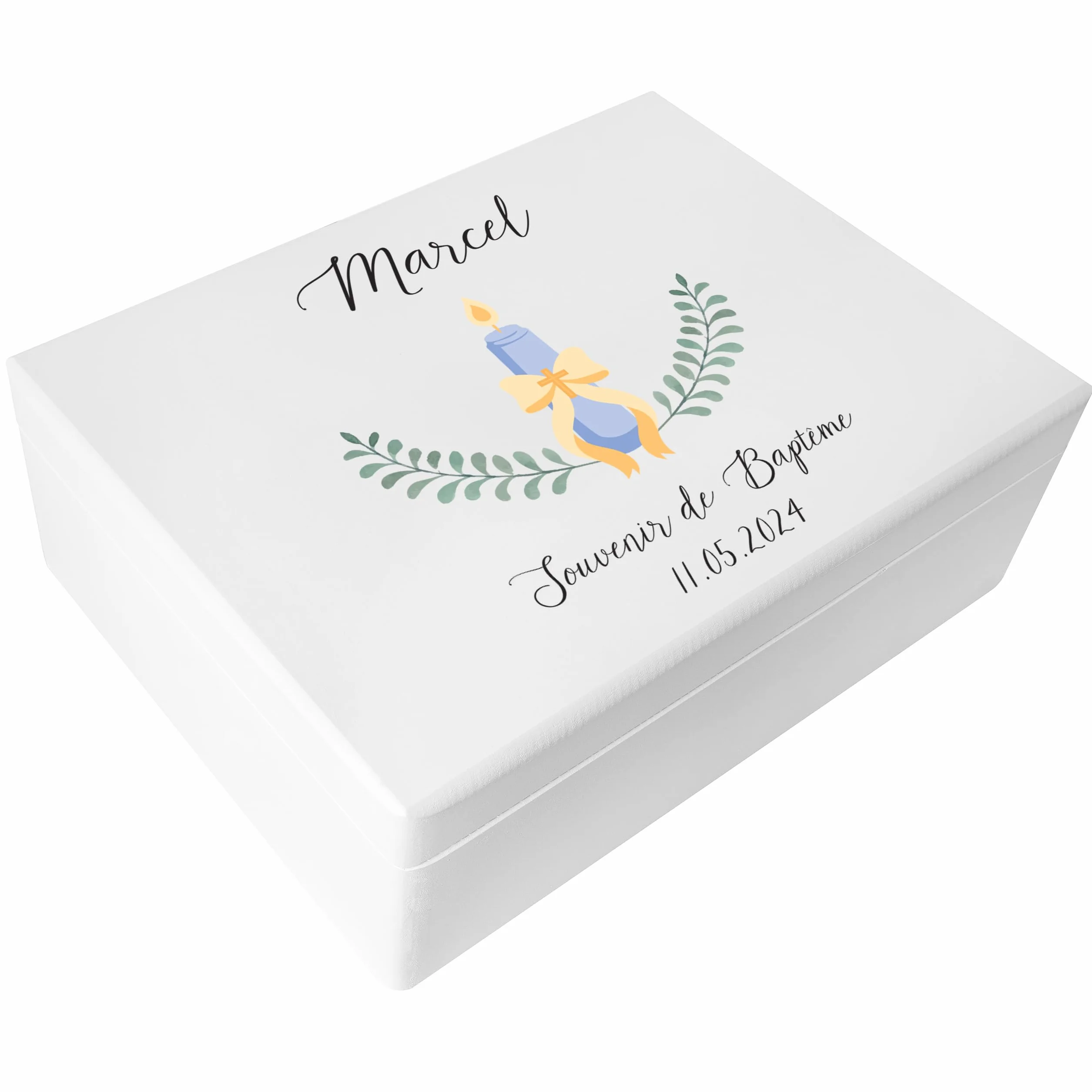 Boite Cadeau Personnalisé Bapteme Garçon Fille en Bois Blanc avec Bougie