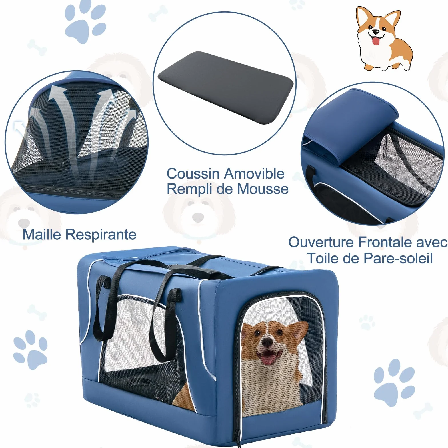 GOPLUS 3 en 1 Poussette Pliable à 2 Niveaux pour Chien Chat, 2 Sacs Détachables, Fenêtre en Maille, Roues avec Freins, Coussins Amovibles, Chariot de Voyage pour Chiens, Chats (Bleu)
