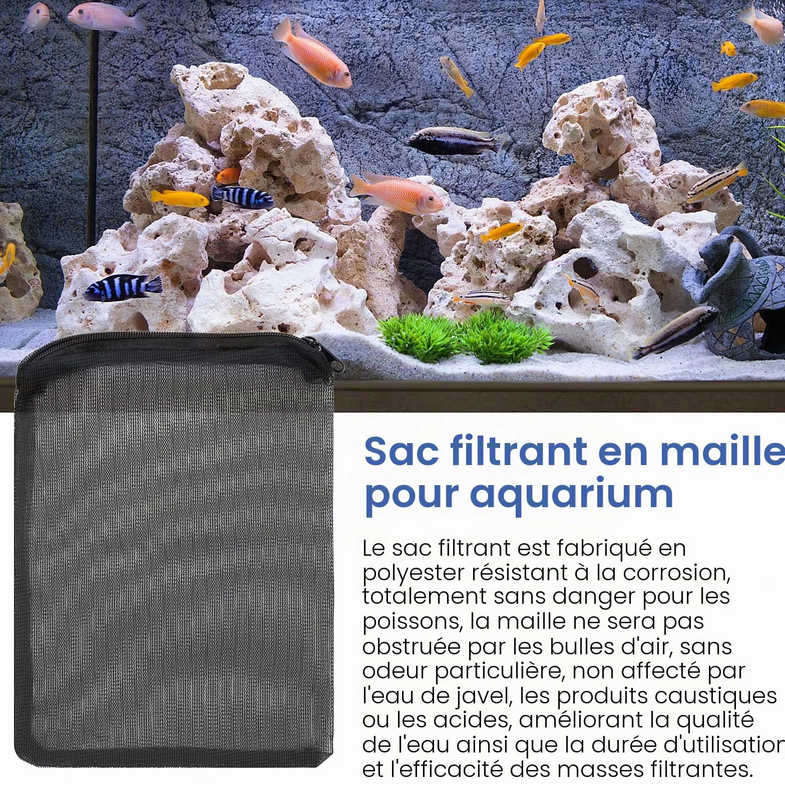 Lot de 10 sacs filtrants pour aquarium avec fermeture éclair, filet en maille à haut débit