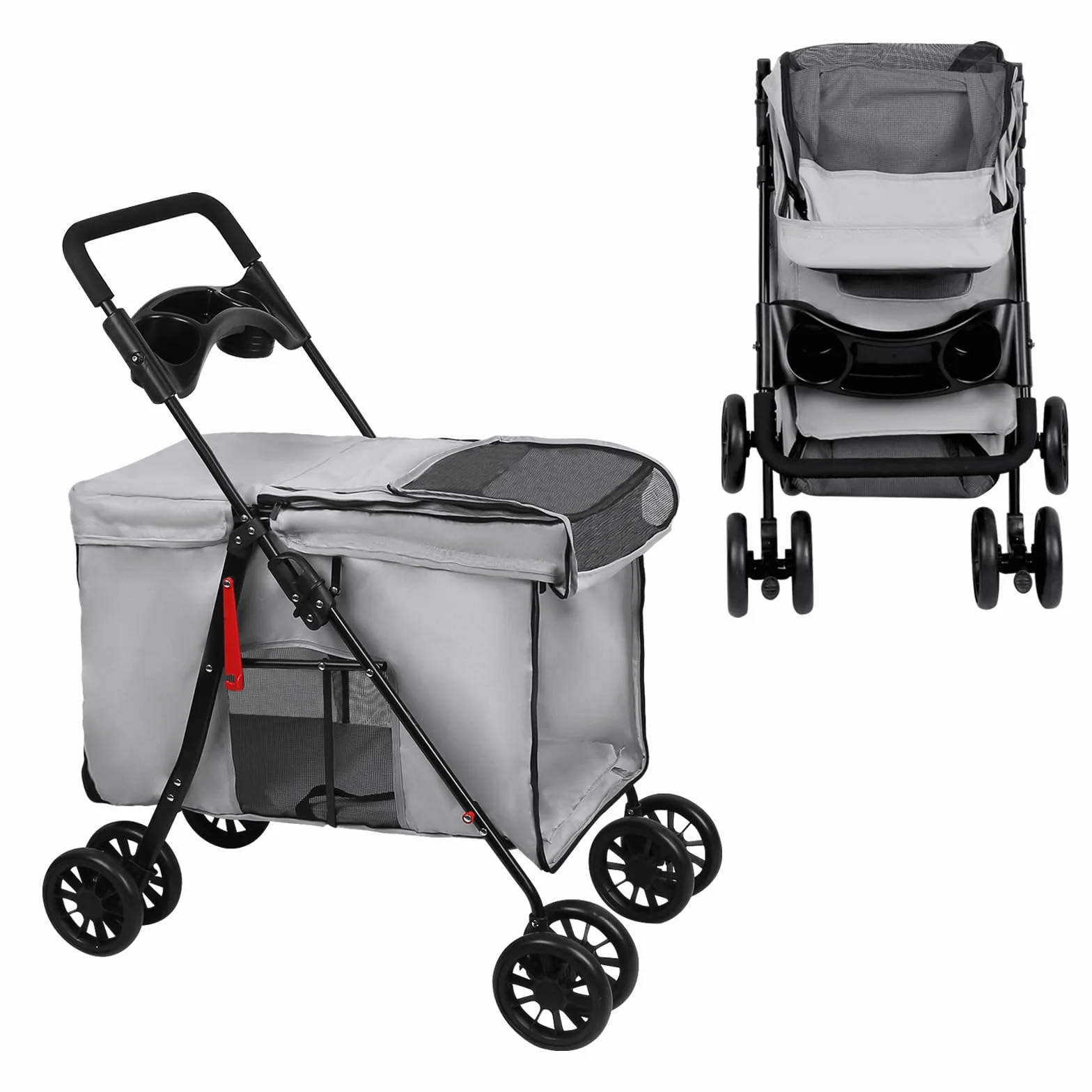 OHMG Poussette pliable animaux chien chat 2 en 1,chariot pour chien,nacelle amovible bandoulières 4 roues avec frein tissu 600D Oxford,Charge 20 kg
