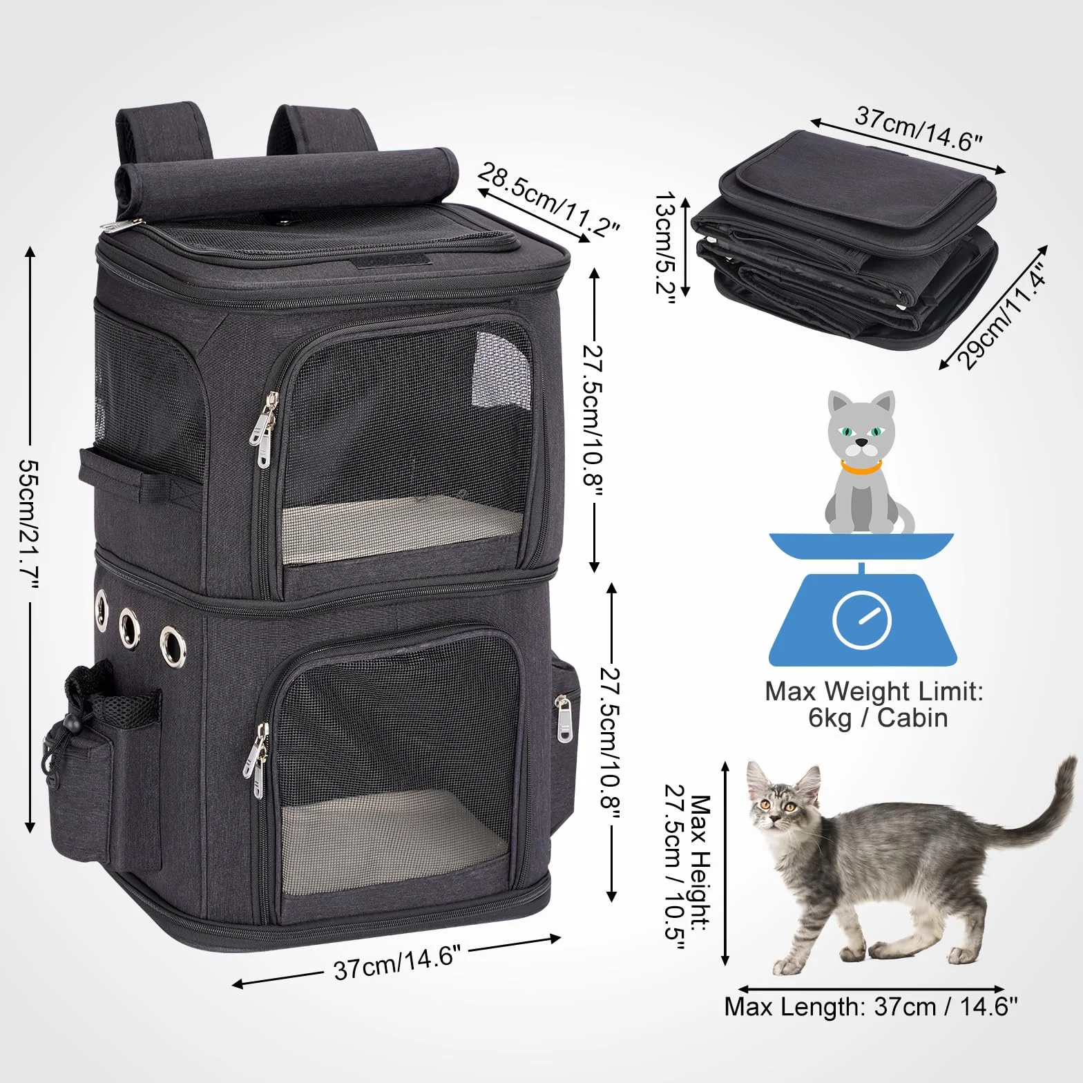 Sac à Dos pour 2 Chats 2-en-1 Double Compartiment Amovible Jusqu’à 12kg Pliable et Aéré Noir