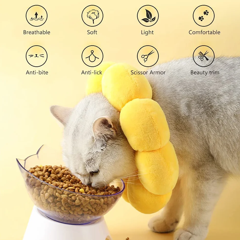 Collerette Anti Léchage Chat Coton Doux Ajustable Postopératoire Tournesol (S)