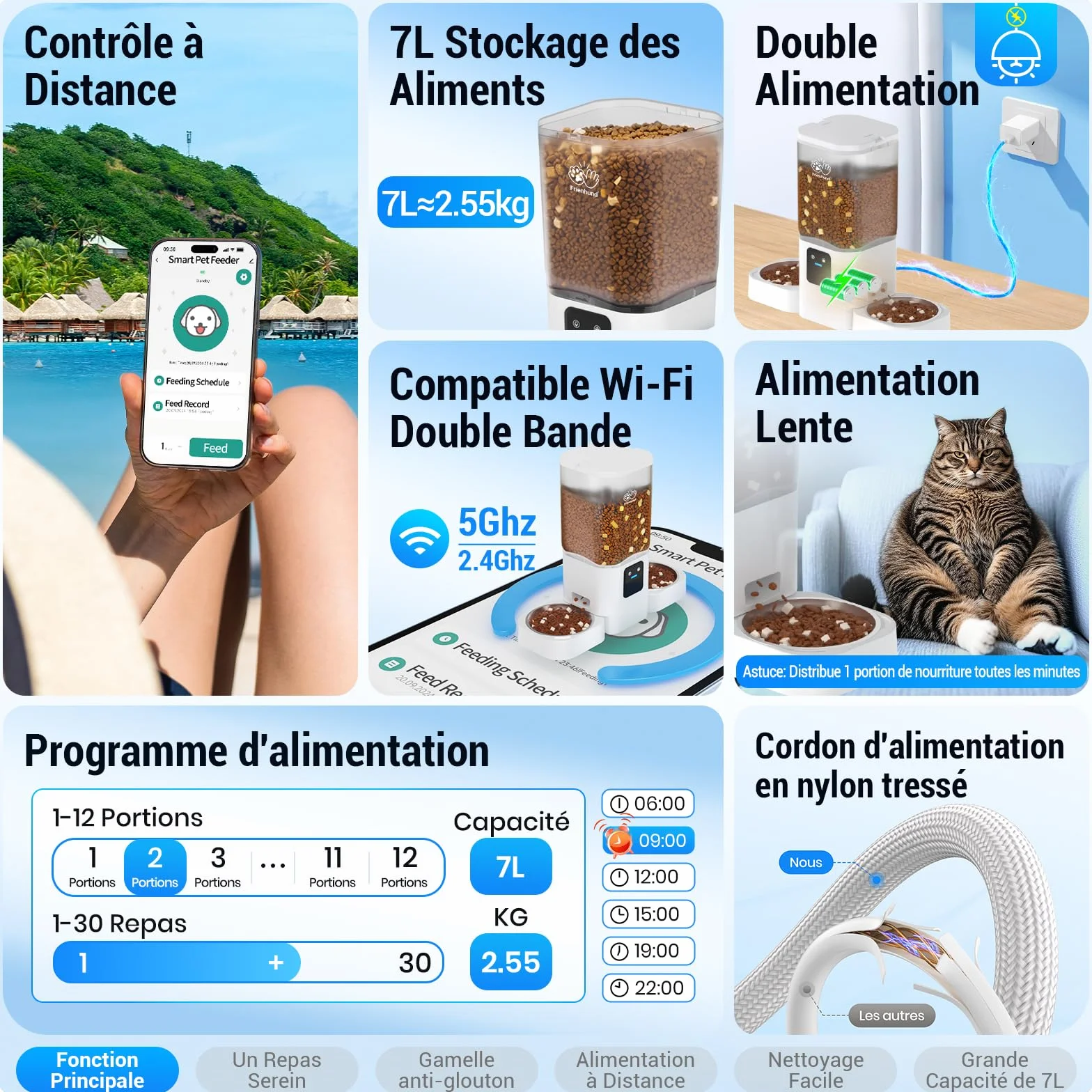 Frienhund Distributeur Croquettes Chat Automatique Double 7L WiFi 5G Détachable