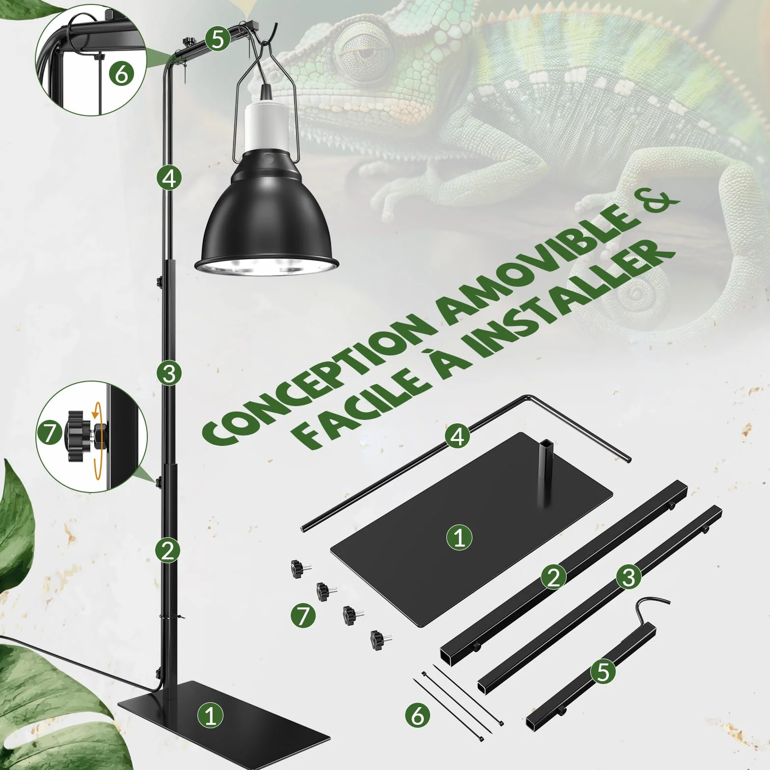 GlowUp Support de Lampe Chauffante pour Reptiles, Réglable Hauteur 40-93 cm, pour Terrarium Tortues Araignées
