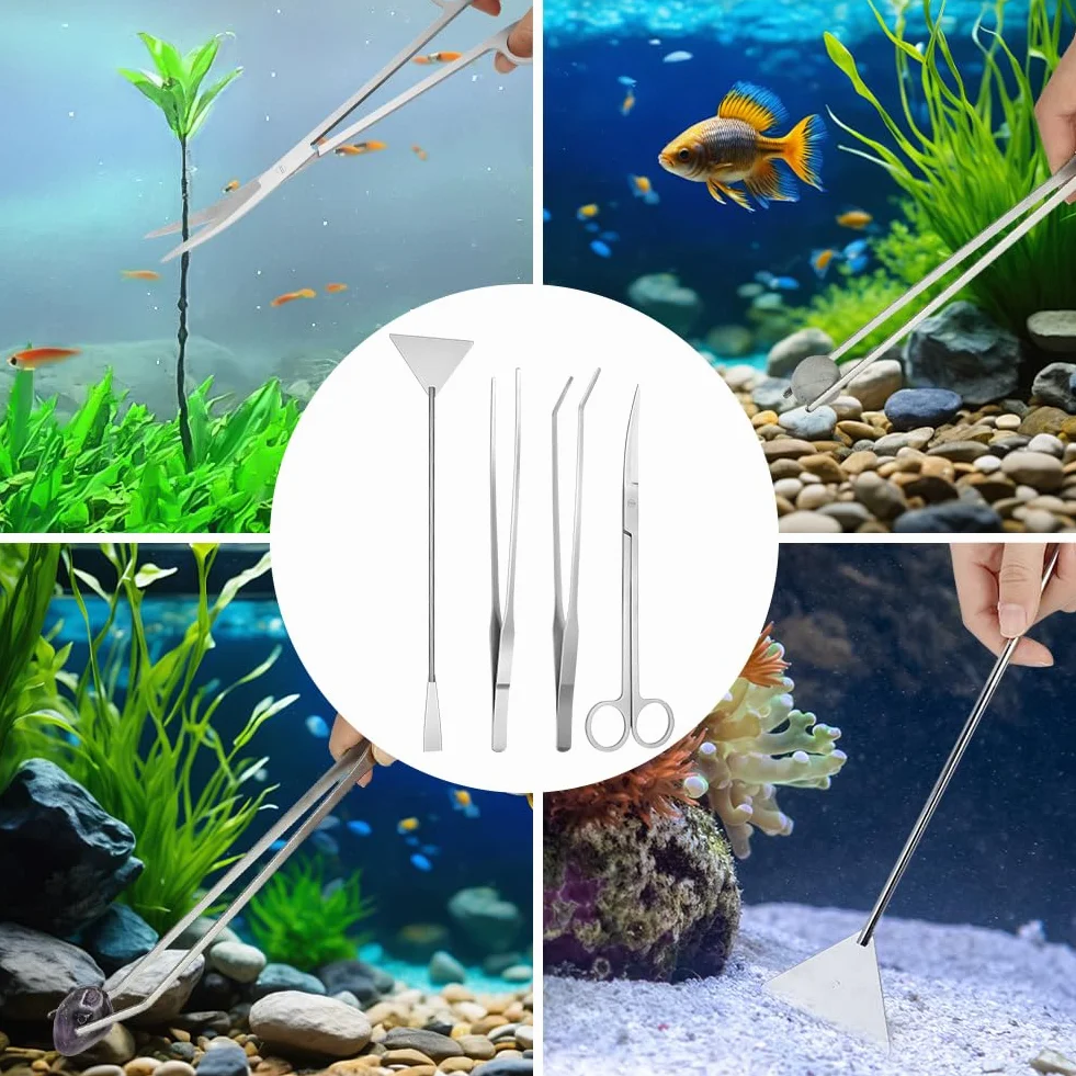 Flintronic 6 en 1 Aquarium Aquascaping Kit, INOX Ciseaux Pinces Outils Set pour Réservoir Eau Plantes Aquatiques