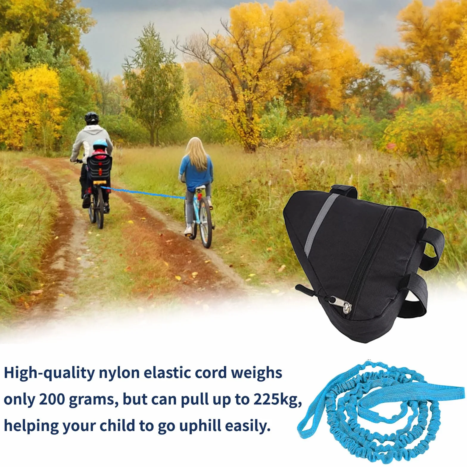 Câble Remorquage Vélo Enfant 4,5 m Élastique avec Sac de Transport Bleu Néon