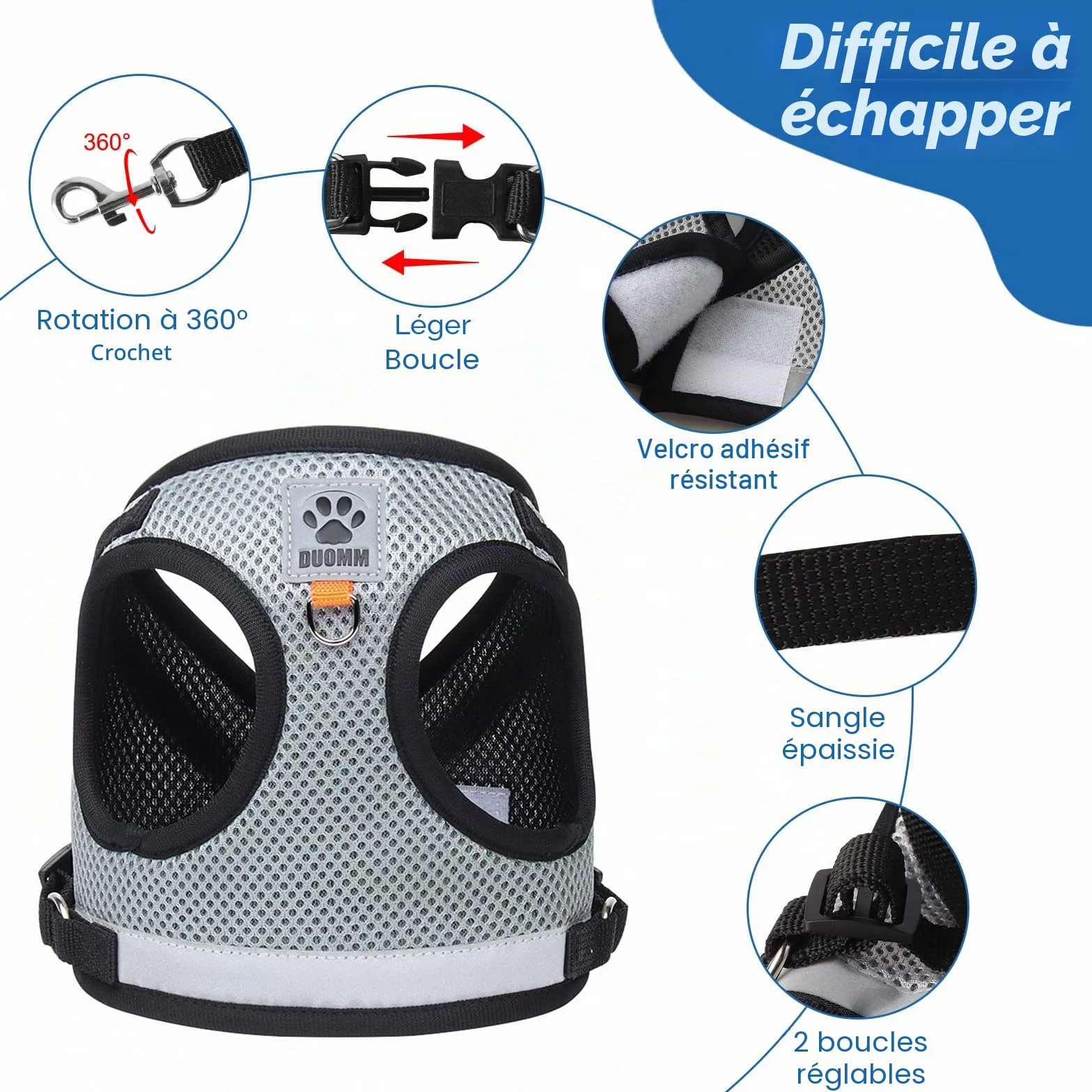 Harnais Chien Anti évasion avec Corde de Traction Télescopique Automatique 5m/16.4 Ft Réglable Anti Fugue Chat Chaton (M)