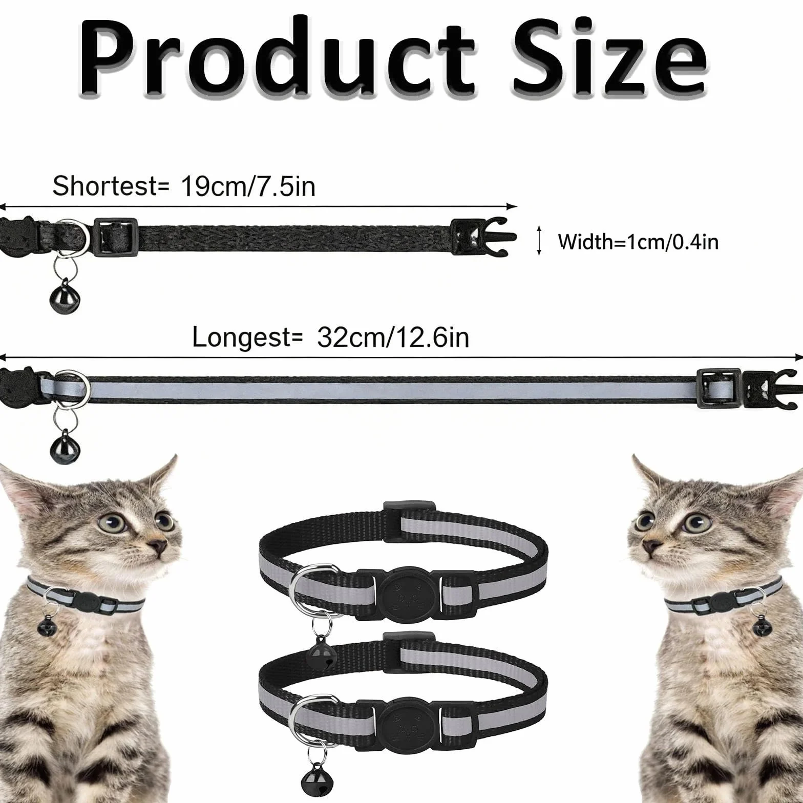 Collier Chat Anti-étranglement Réfléchissant 2 Pièces, Noir, Réglable 19-32cm
