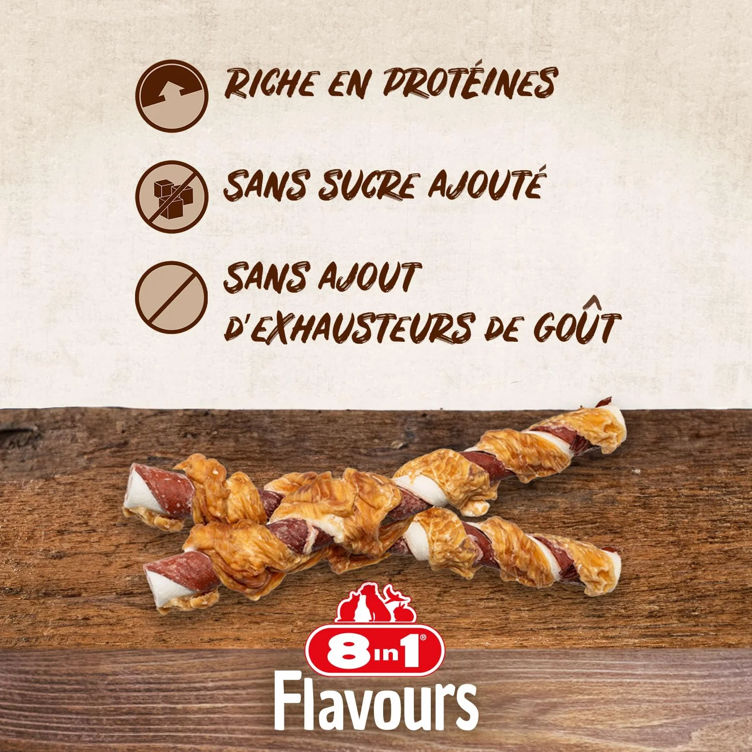 8in1 Triple Flavour Mega Twisted Sticks - Grandes bâtonnets à mâcher au Filet de Poulet, Peau de Porc et de bœuf – 140 g (2 pièces)
