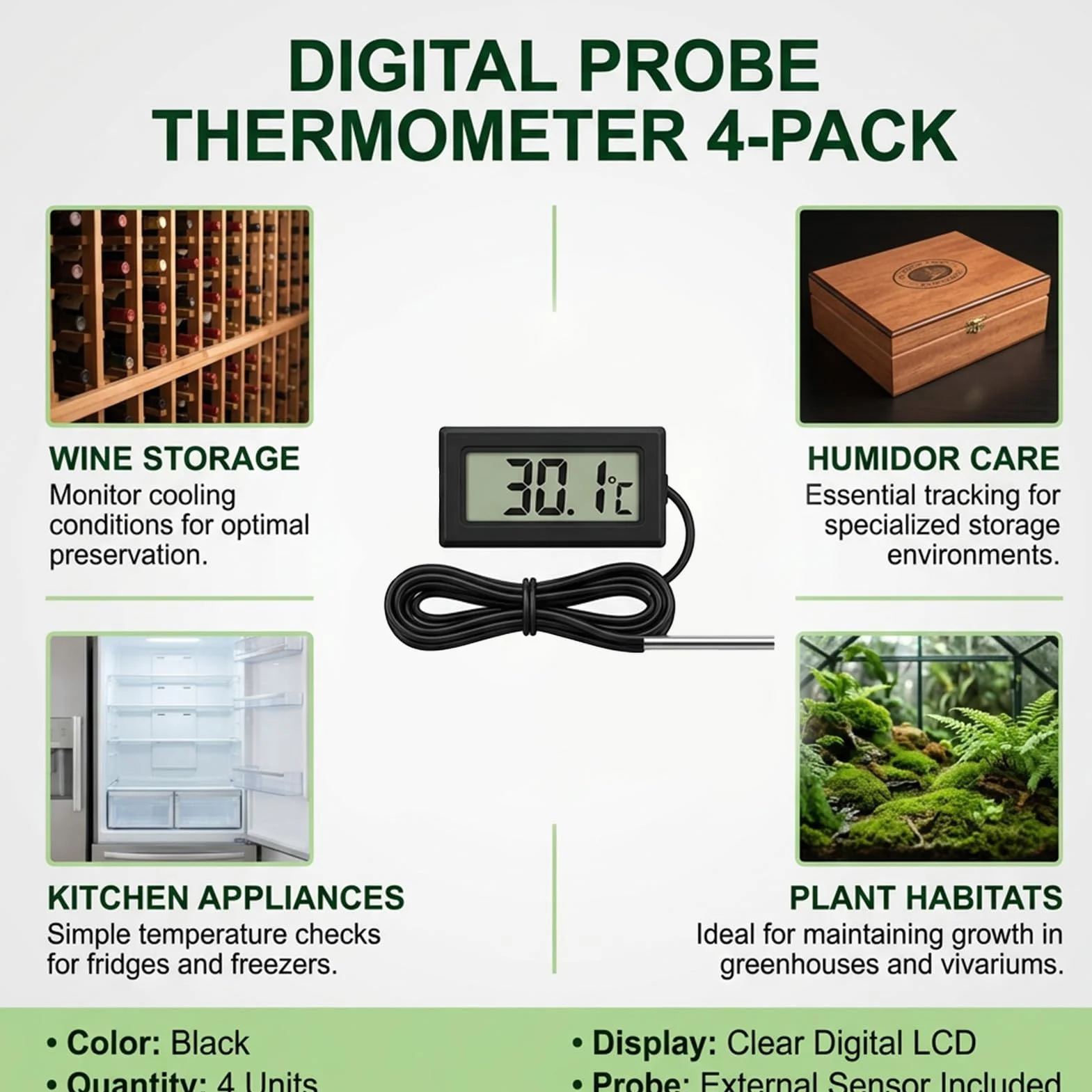 Thermomètre Numérique LCD avec Sonde Externe, Mini Digital Thermomètre pour Hygrometre Terrarium Réfrigérateur Congélateur Aquarium Reptile Vitrine Réfrigérée, 4PCS Affichage Rapide Haute Précision