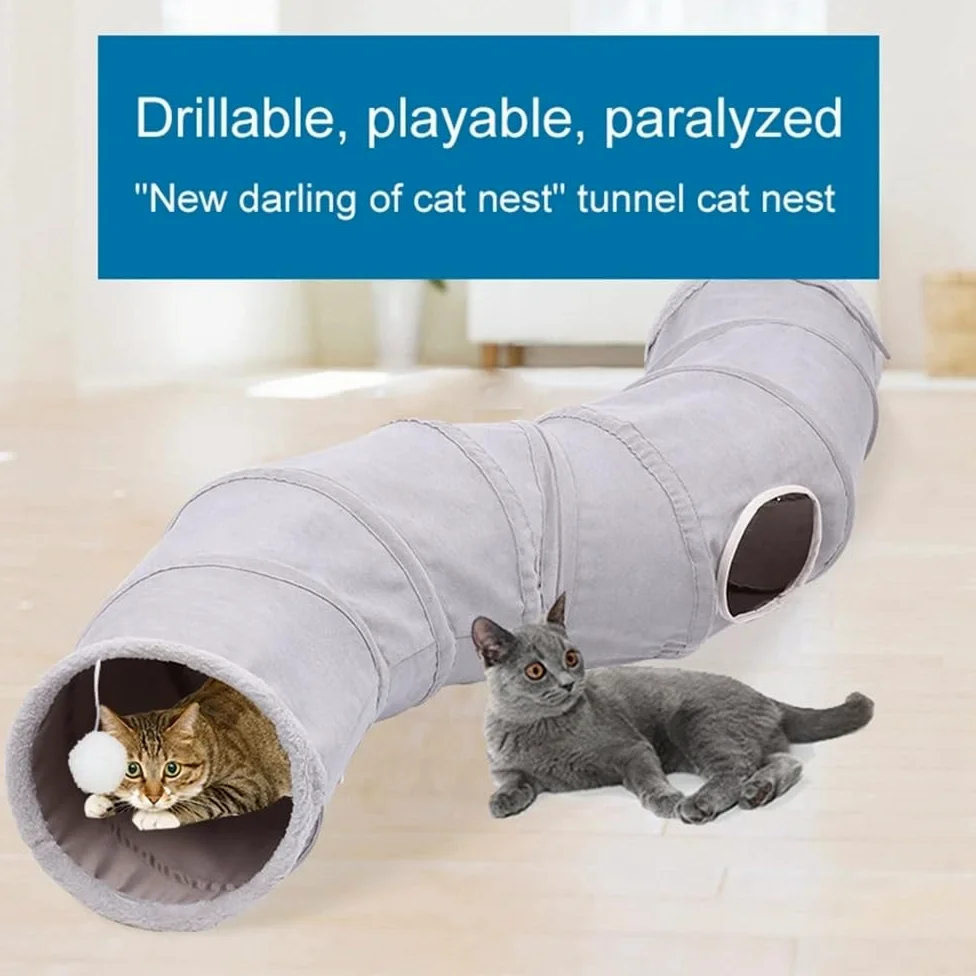 Tunnel pour Chat D'intérieur Jouets Pliables pour Chat Tube De Jeu en Forme De S Tunnel Froissé en Daim Gris pour Animaux De Compagnie avec Balle