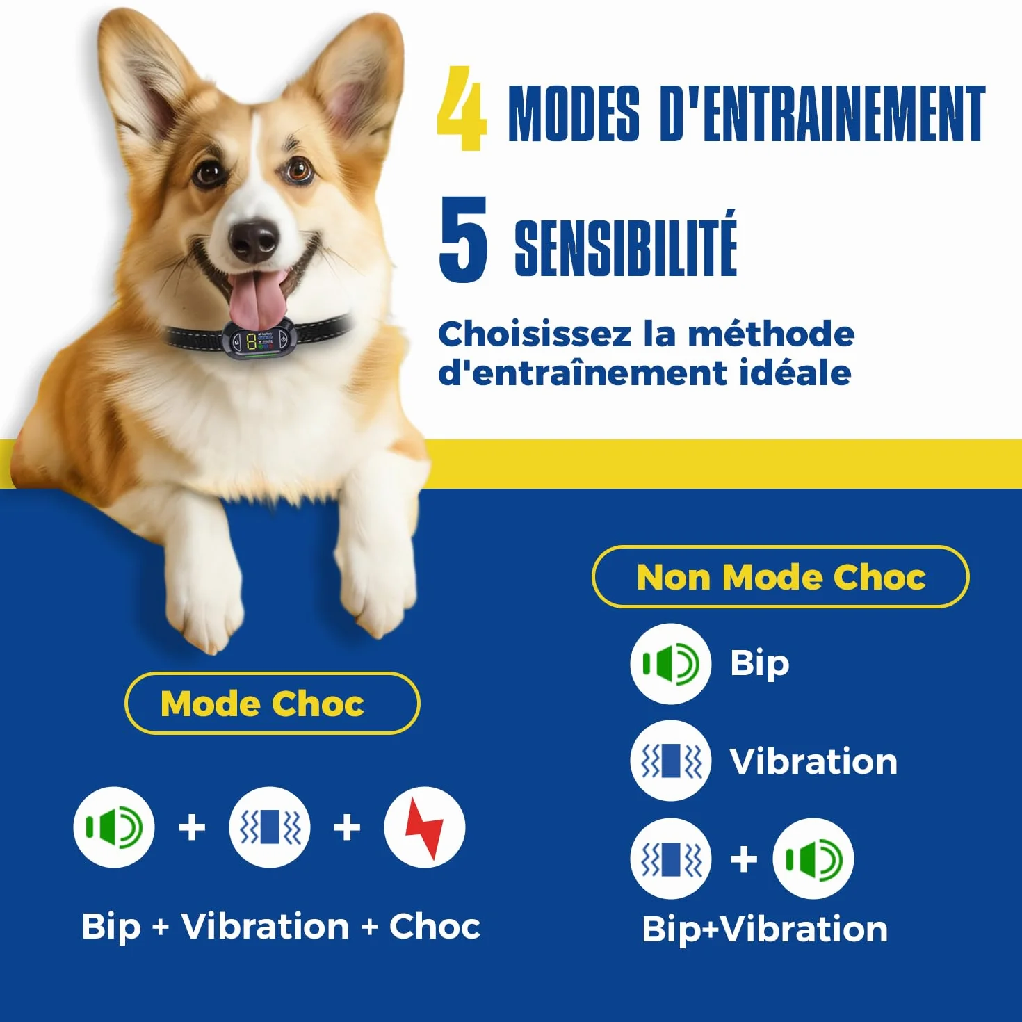Collier Anti Aboiement Chien Rechargeable IP67 4 Modes Son Vibration Choc Electrique Réglable 5 Niveaux Sensibilité Noir
