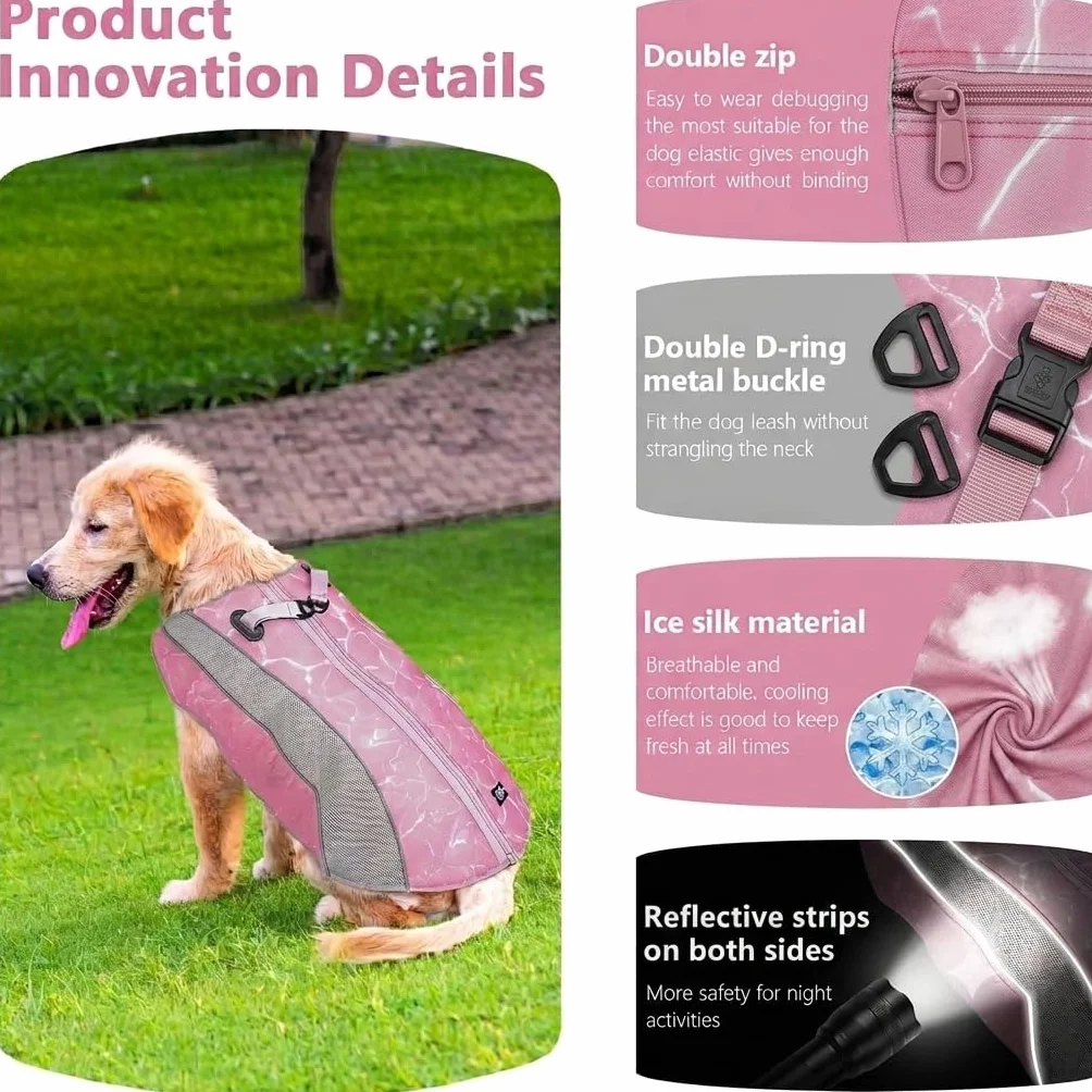 Gilet Rafraîchissant pour Chien Veste Rafraichissante avec Fermetures éclair Écran d'évaporation Respirant Extérieur Soleil Rose L