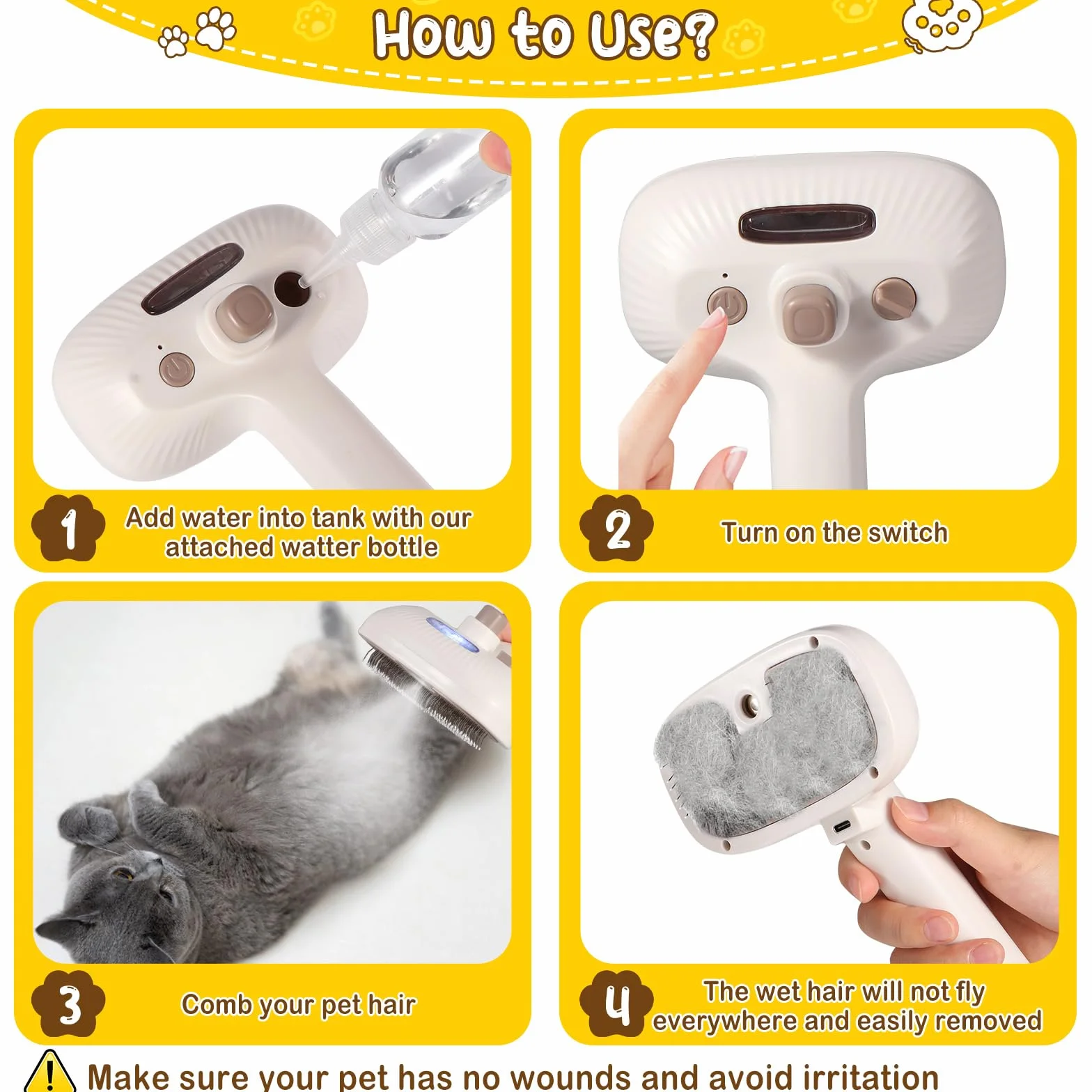Brencco Brosse Vapeur Chat Chien 4 en 1 Réservoir Rechargeable Poils Courts Longs Massage Soin