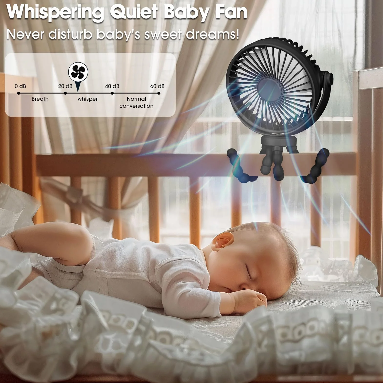 POPERFUN Ventilateur de Poussette 5200mAh 40H, Ventilateur Portable Rotatif 360° 3 Vitesses Rechargeable USB Noir