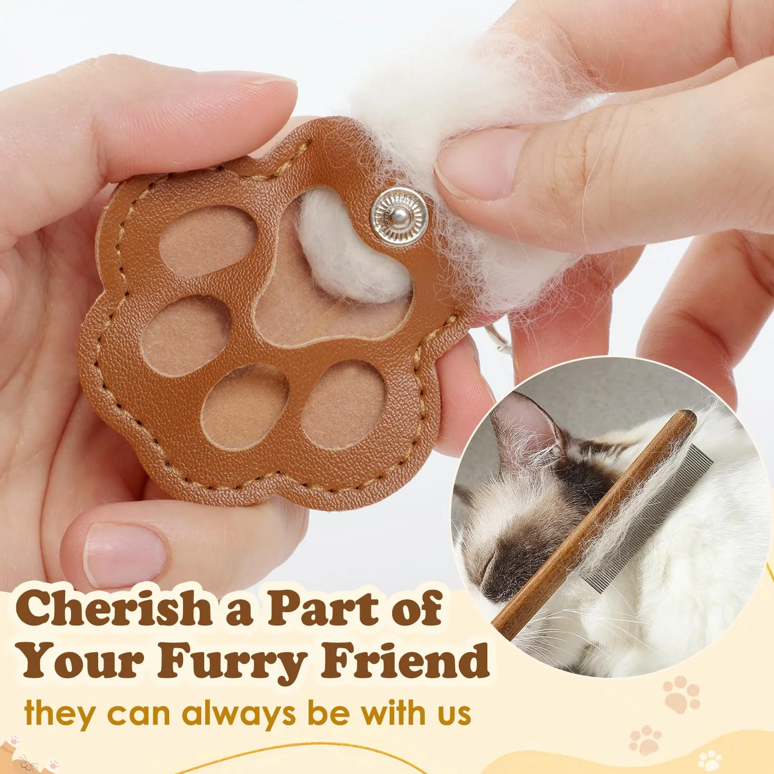 Kiiwah 2 Pièces Porte Clef en Forme de Patte Souvenir Chien Chat Décédé Personnalisée Collecteur Poils (Marron + Blanc)