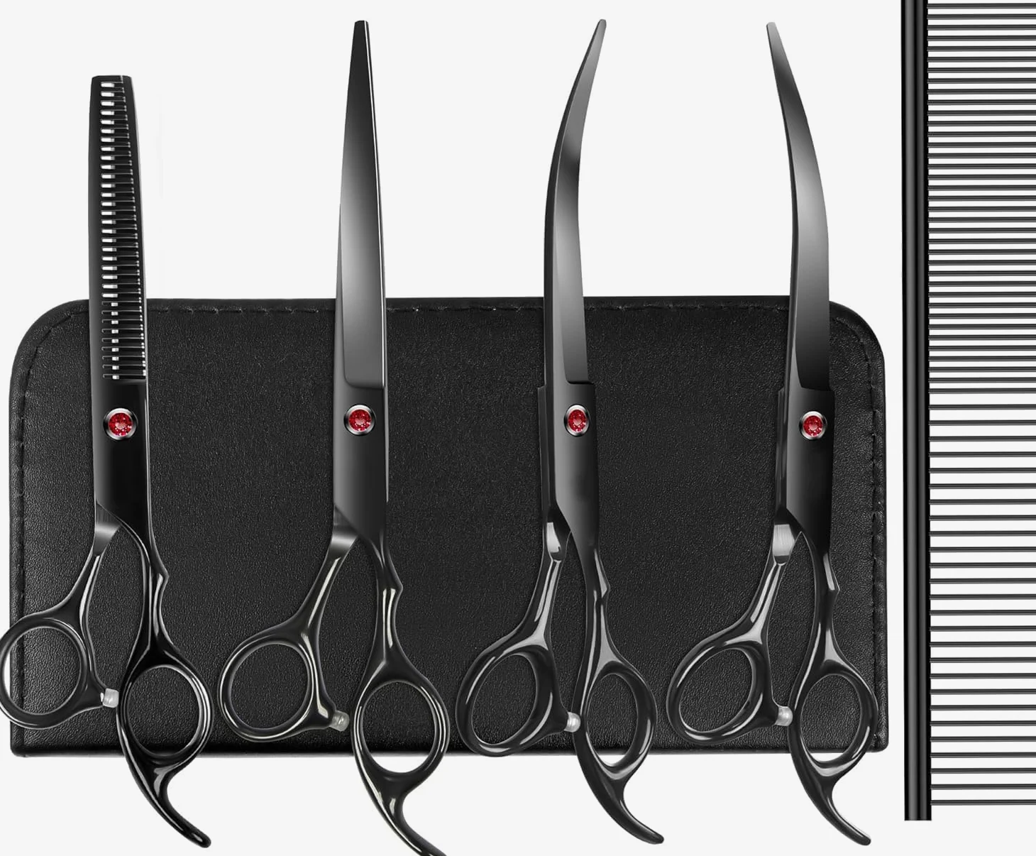 Ensemble de ciseaux de toilettage professionnels de 17,8 cm, ciseaux droits et courbés, ciseaux à effiler, peigne et accessoires, en acier inoxydable, design ergonomique, pour soins à domicile et