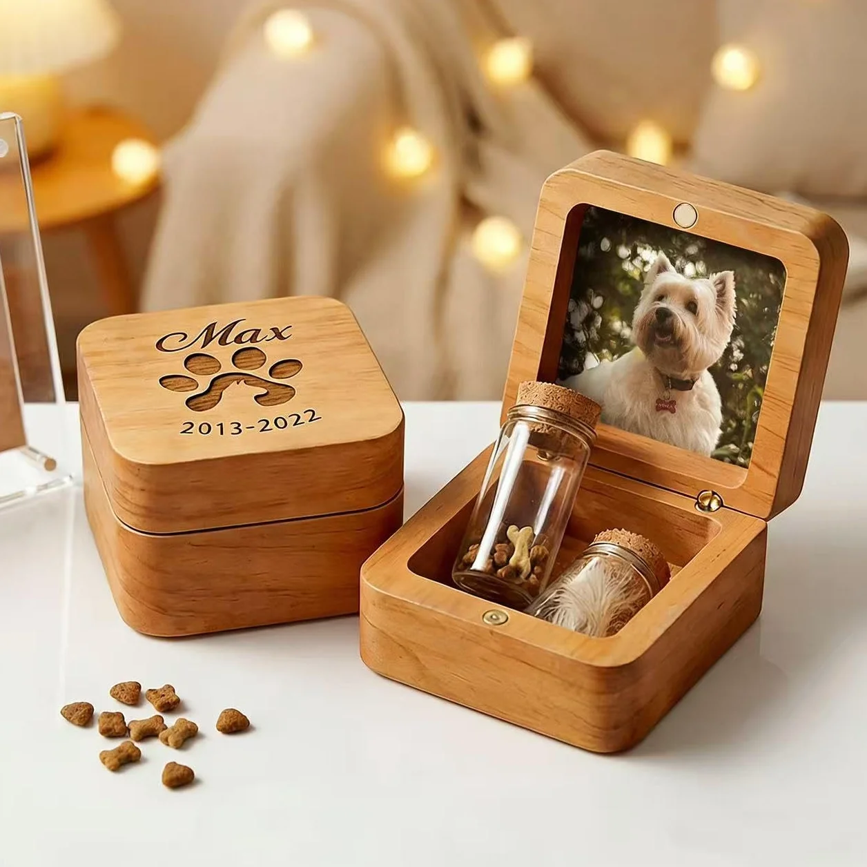Boîte à Souvenirs Personnalisée pour Poils d'animaux, Urne en Bois avec Photo et Nom, Cadeau Commémoratif Perte d'animal, 4 Flacons en Verre