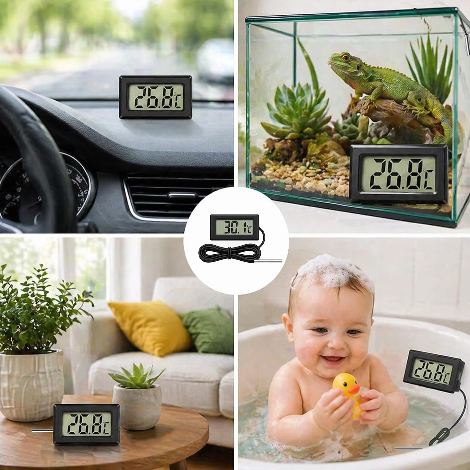 Thermomètre Numérique LCD avec Sonde Externe, Mini Digital Thermomètre pour Hygrometre Terrarium Réfrigérateur Congélateur Aquarium Reptile Vitrine Réfrigérée, 4PCS Affichage Rapide Haute Précision